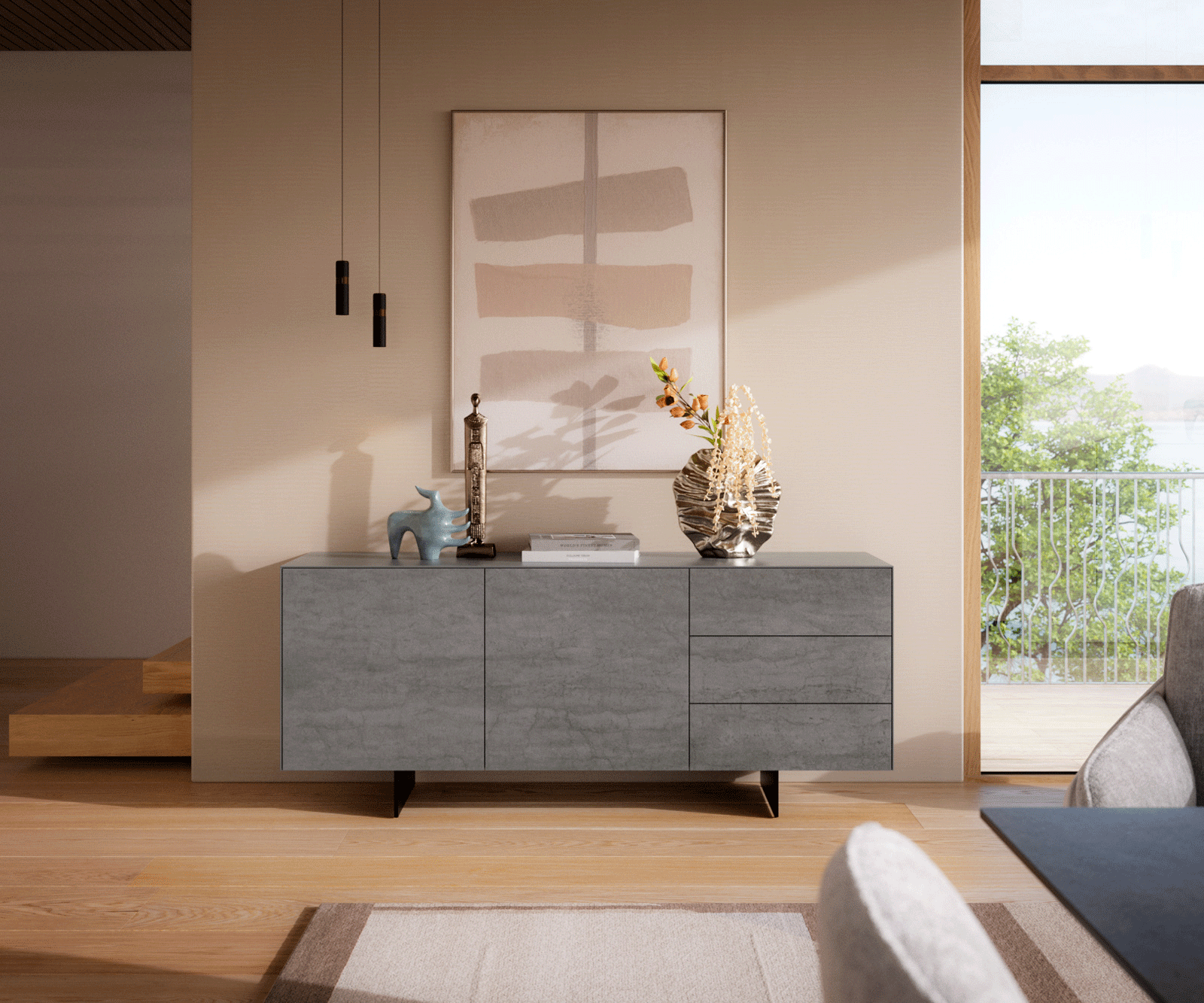 Buffet Cuor 180 cm Céramique Béton gris 2 Portes 3 Tiroirs Pied optique flottant Métal Noir 2