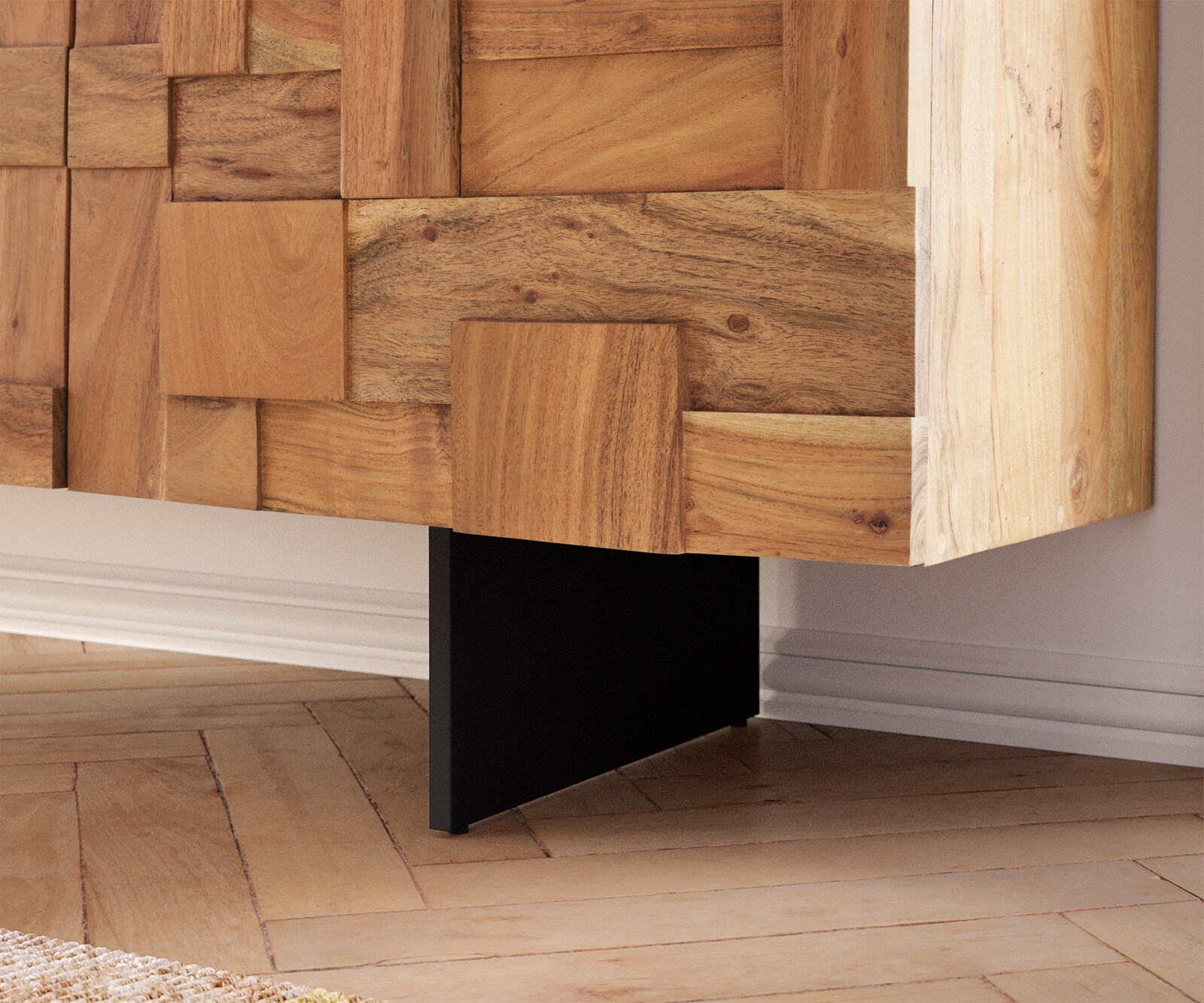 Meuble-TV Puzzle 260 cm 4 portes 2 tiroirs acacia naturel pied flottant métal noir 5