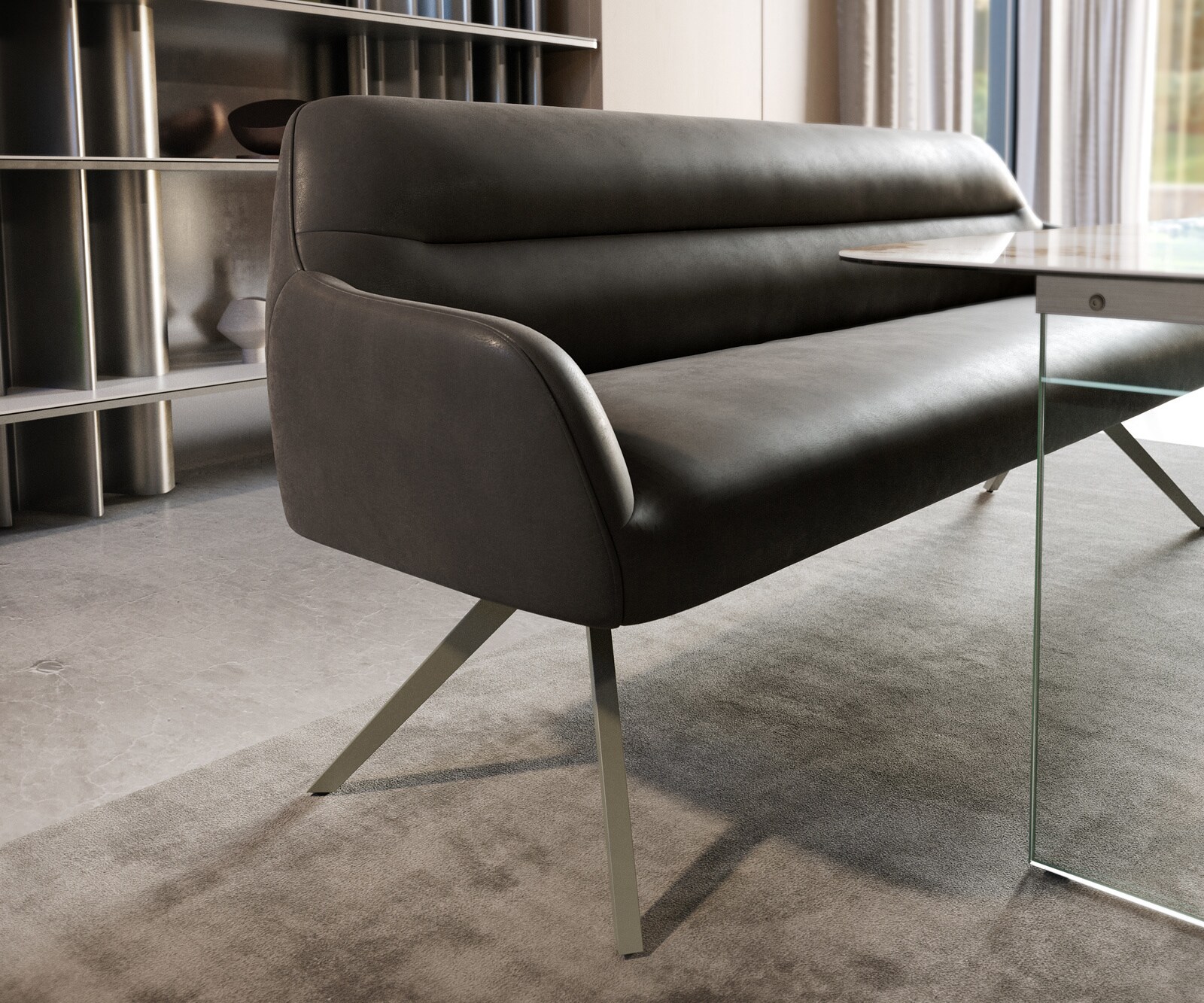 Banc-de-salle-à-manger Taya-Flex 200 cm microfibre antracite vintage pied croisé angulaire titane ressort ensaché 4