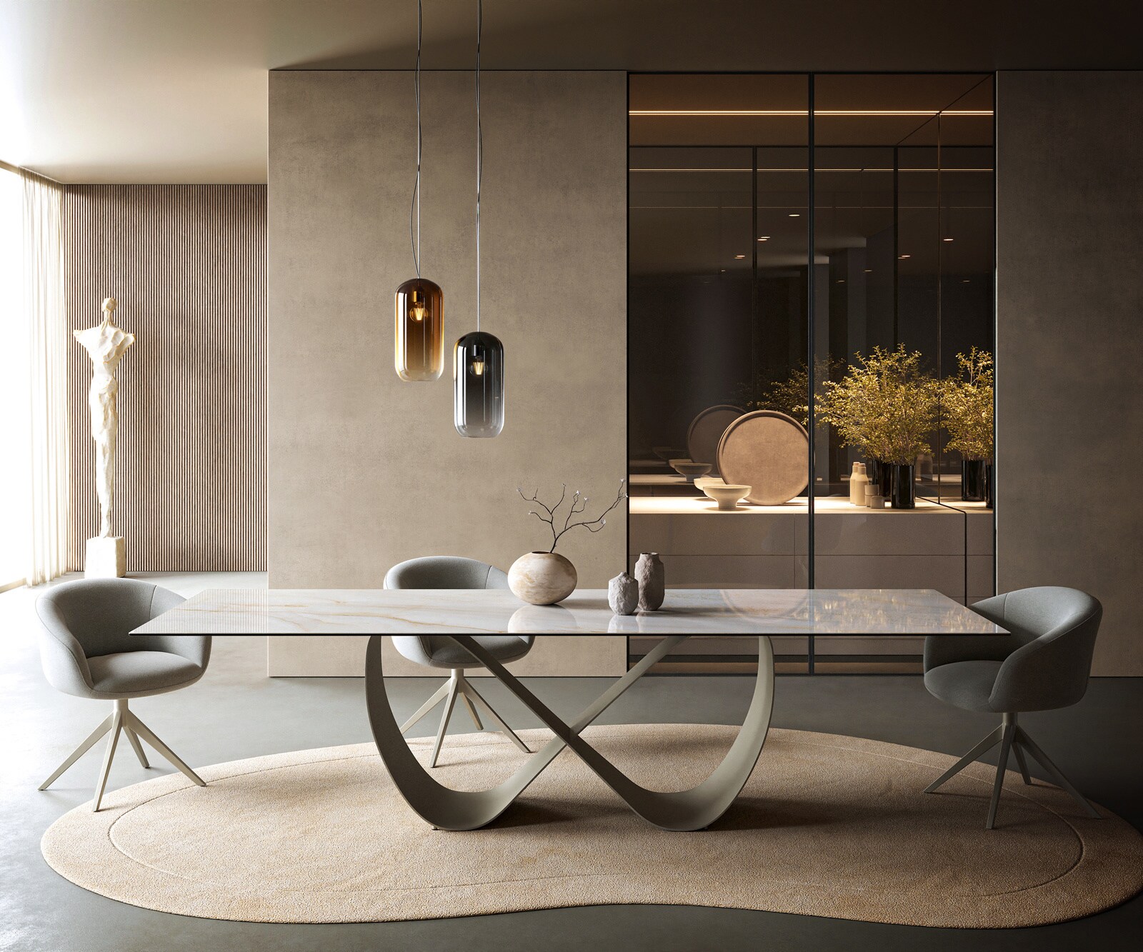 Table à manger Edge 300x100 cm céramique Onyx Pearl Infinity métal finition effet titane 2