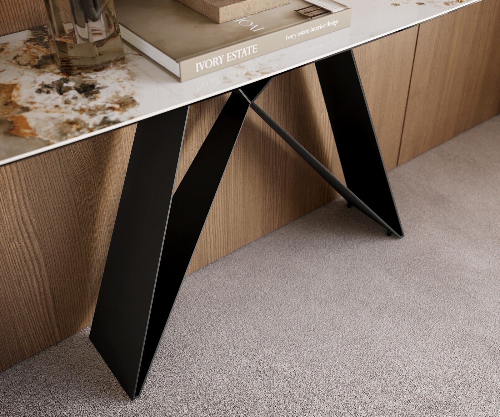 Console Edge forme bateau 180x40 cm Céramique Minas Melange Weiß-Beige Velio Métal Noir 5