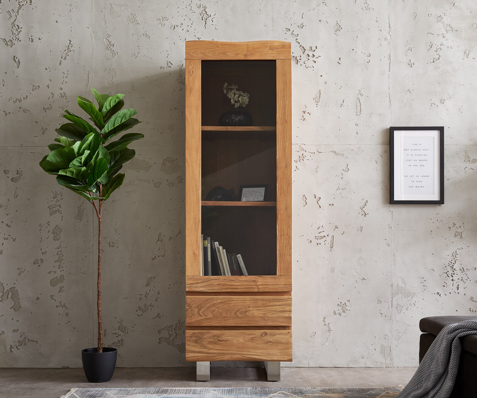 Vitrine Live-Edge 60x190 cm acacia naturel bordure de tronc d'arbre 1 porte 2 tiroirs massif 1