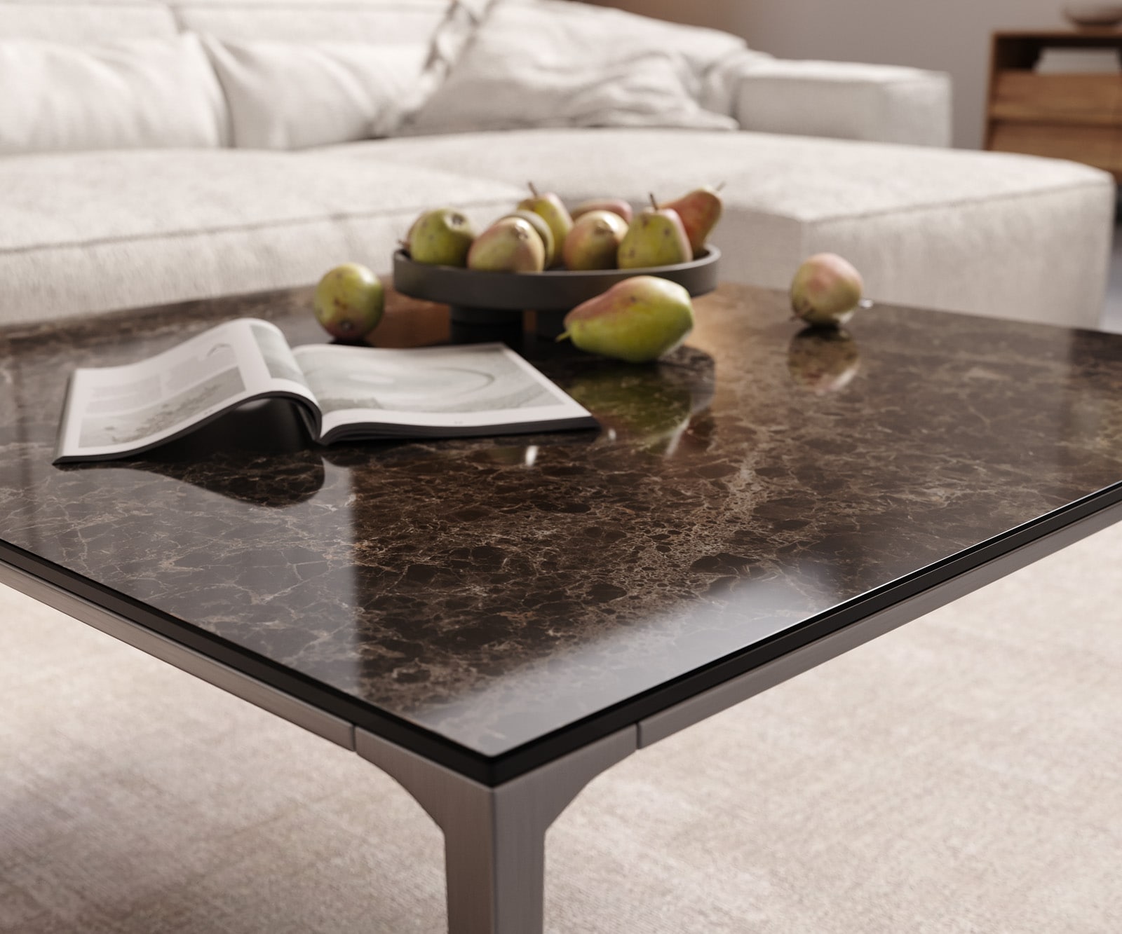 Table-basse Levente 85x85 cm Céramique Laminam®Emperador Extra Lucidato Marron foncé Piétement inox Argent 4 Table-basse Levente 85x85 cm Céramique Laminam®Emperador Extra Lucidato Marron foncé Piétement inox Argent 4