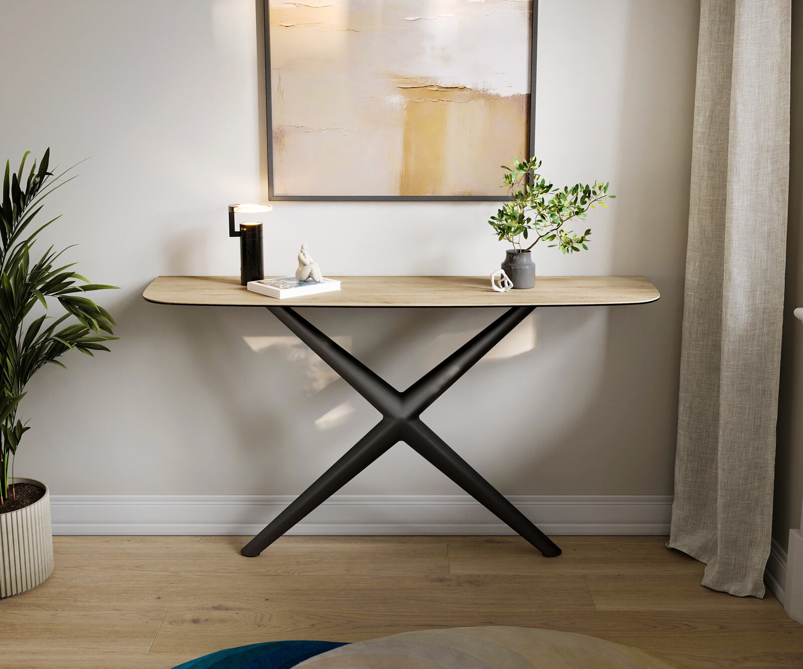 Console Edge forme bateau 140x40 cm Céramique Laminam® Sabbia Eichefarbig Estelo Métal Noir 1