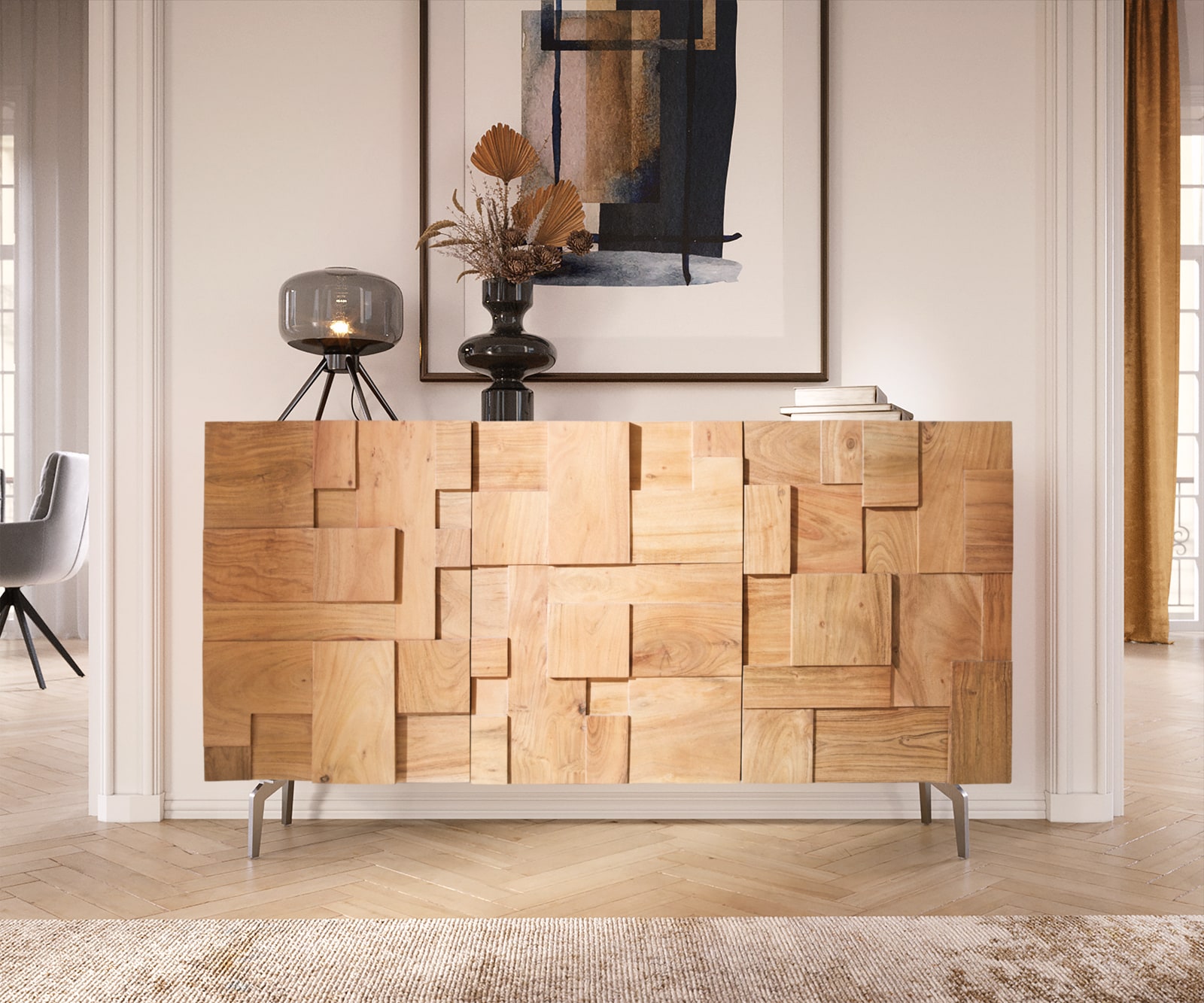 Buffet Puzzle 145 cm acacia naturel pied angulaire inoxydable  1 Buffet Puzzle 145 cm acacia naturel pied angulaire inoxydable  1