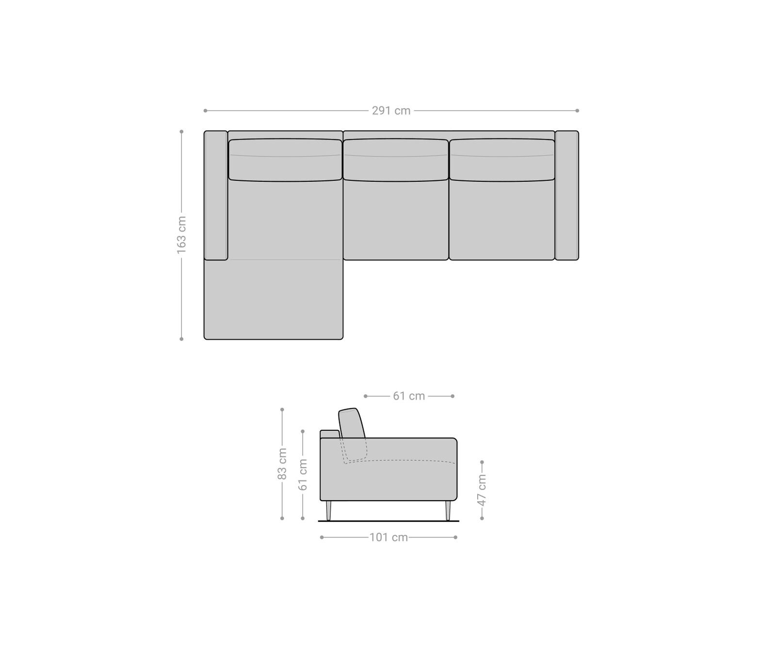 Canapé-d'angle Sottil 290 x 165cm chenille anthracite Recamière gauche 6
