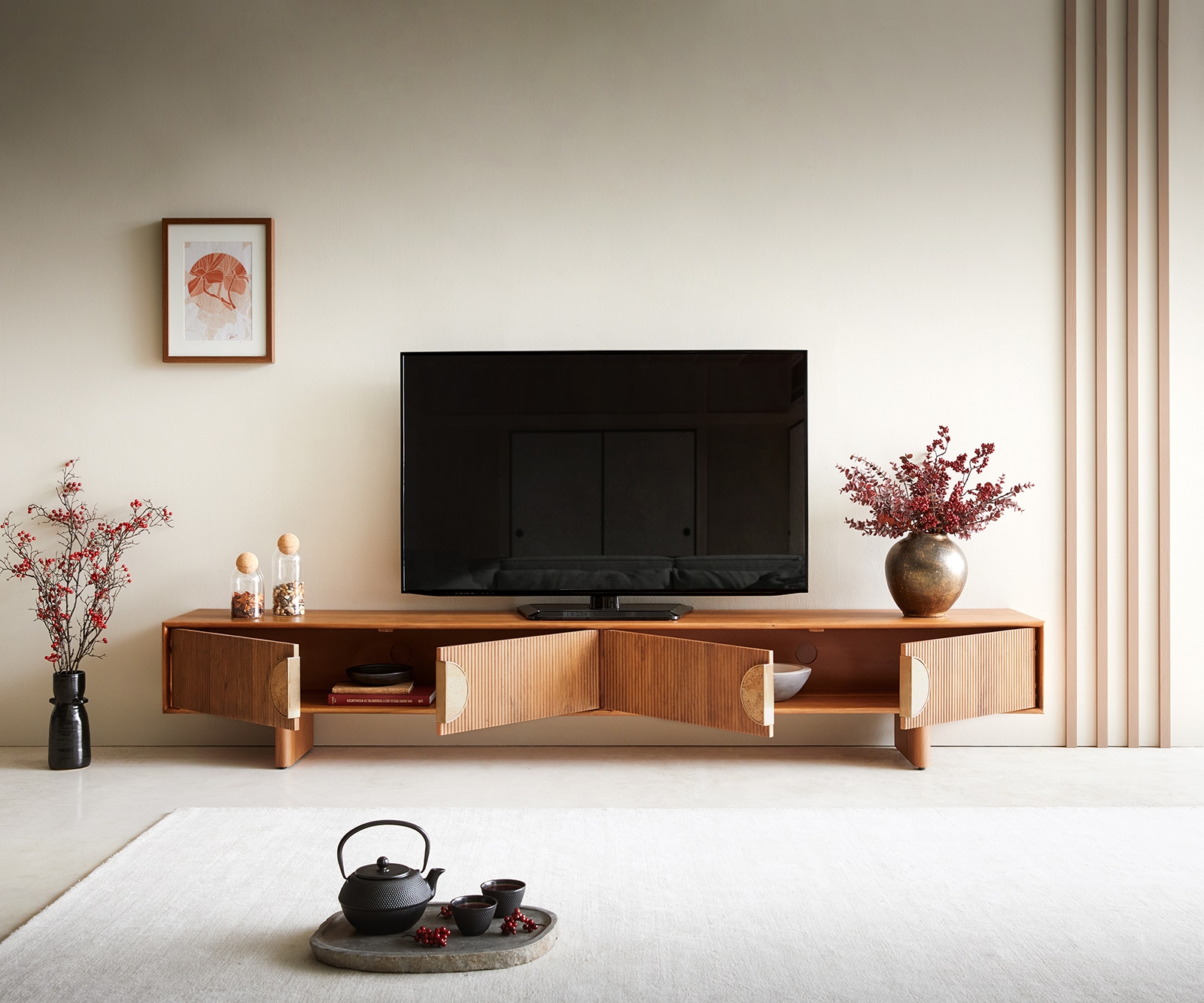 Meuble-TV Surimu 240 cm acacia brun clair 4 portes poignée en liège pieds en bois 5