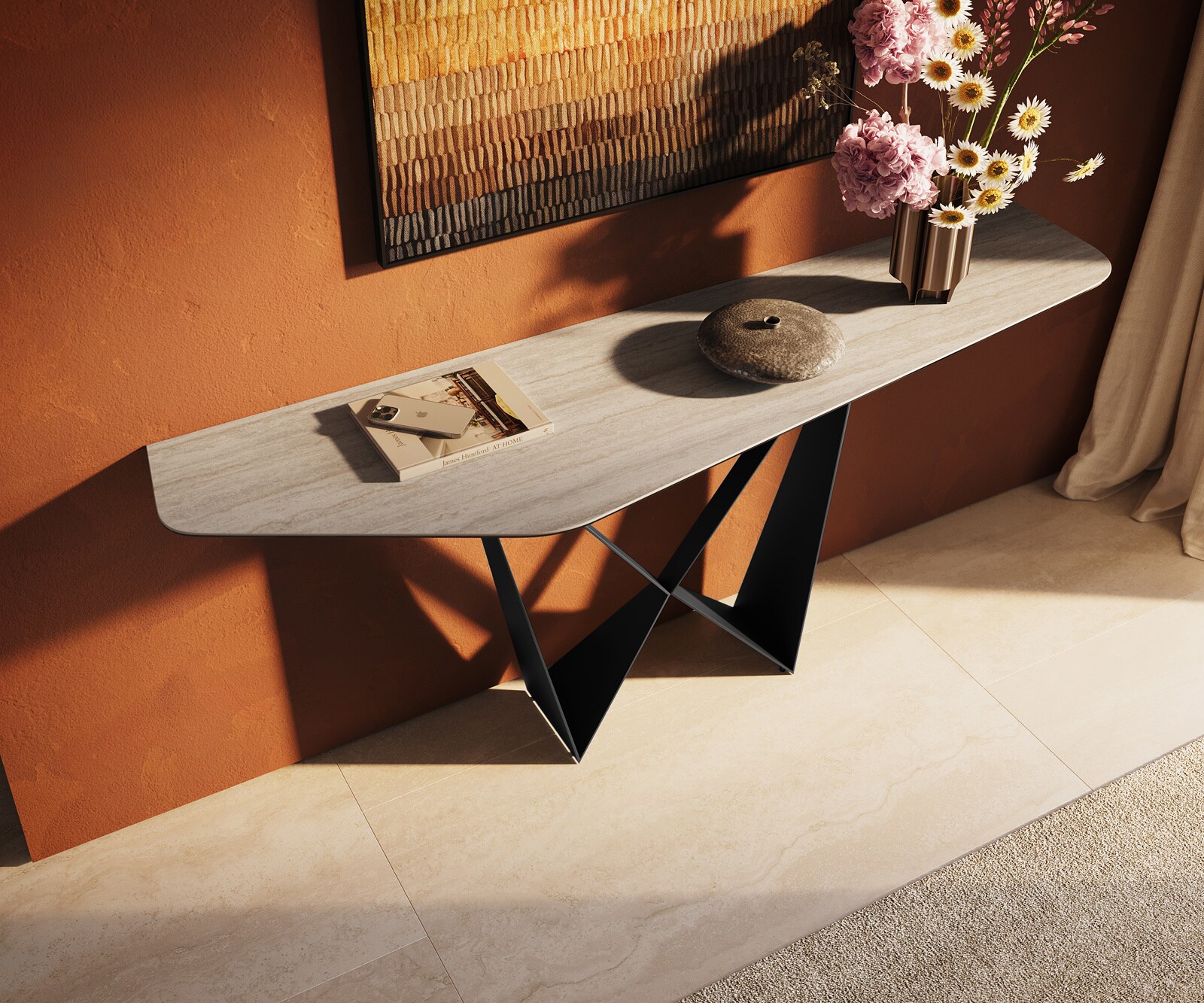 Console Edge Polygonal 180x50 cm Céramique Laminam® Travertino Bianco Creme-Weiß Spios Métal Noir 1