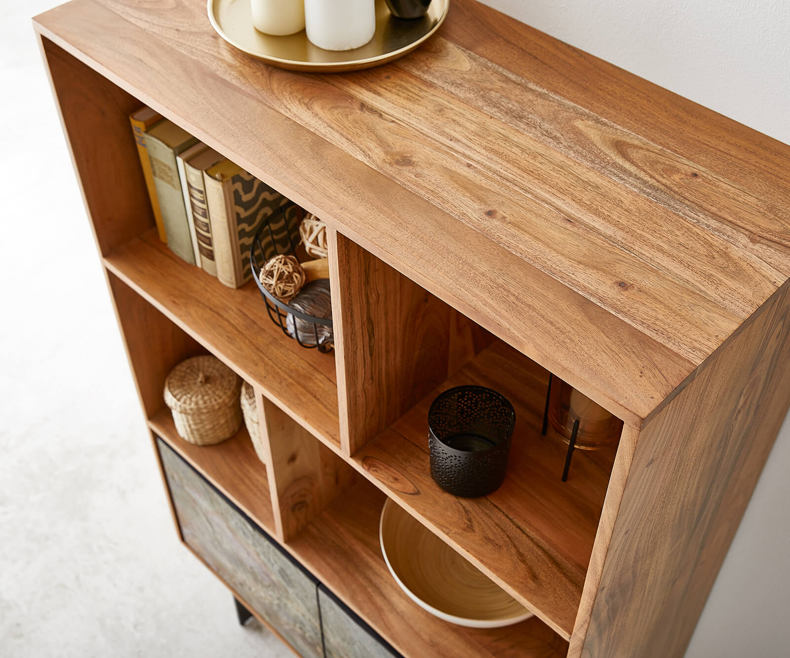 Buffet-haut Juwelo 88x135 cm acacia naturel avec placage de pierre  4