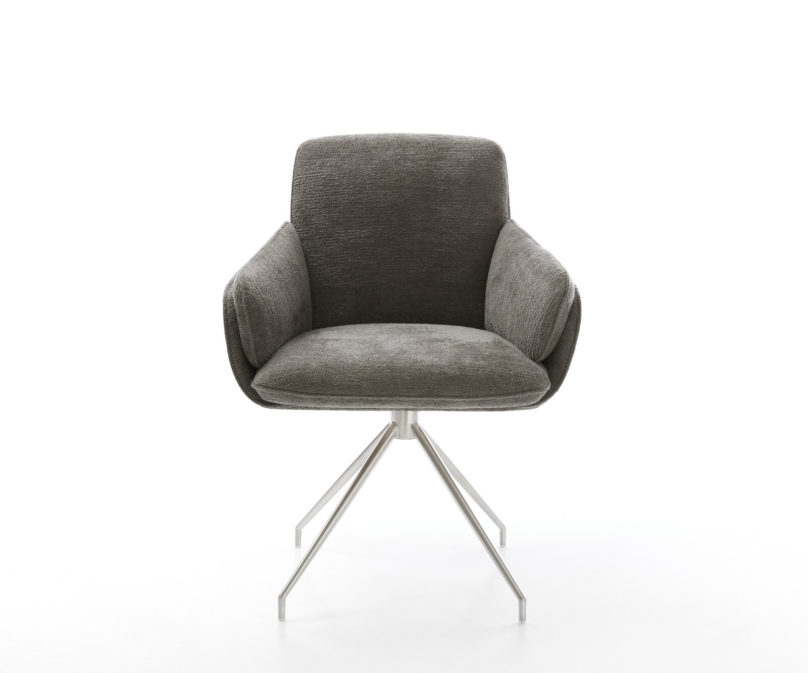 Chaise-de-salle-à-manger Luan-Flex avec accoudoirs bouclé doux couleur boue pied croisé conique acier inoxydable 1