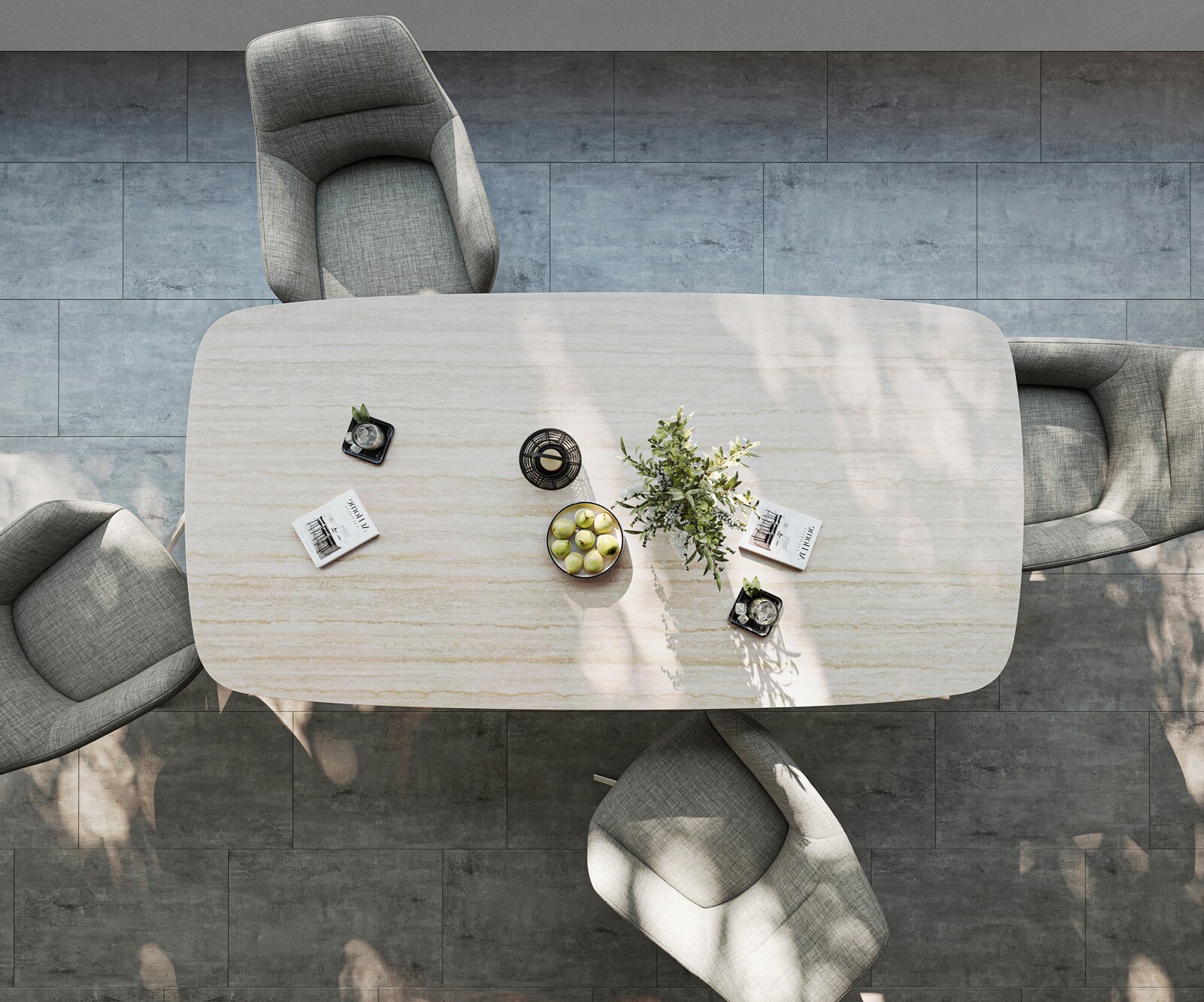 Table d’extérieur Edge Boot 200x100 cm céramique Laminam® Travertino Bianco blanc crème piètement croisé rectangulaire en acier inoxydable 6