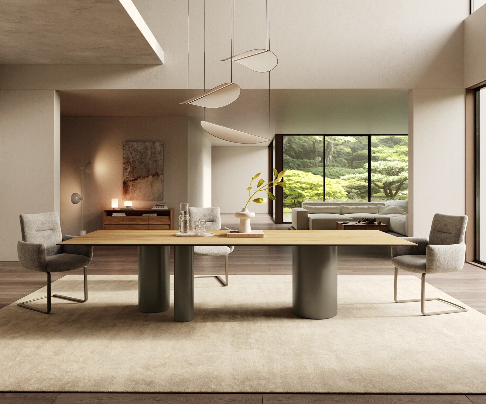 Table à manger Edge 300x100 Céramique Laminam® Sabbia Couleur chêne Troa Métal finition à effet Titane 2