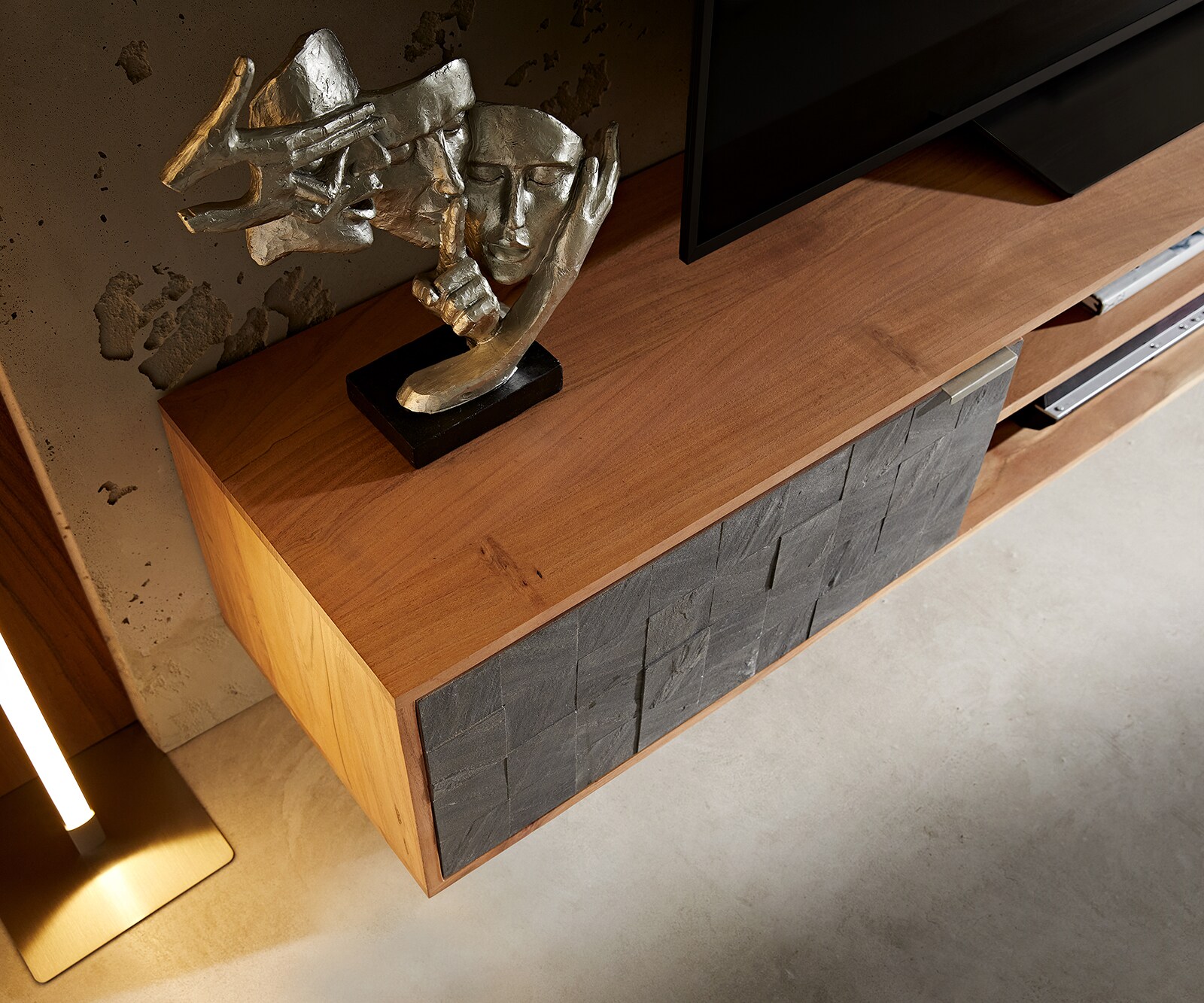 Meuble-TV Teele 200 cm acacia naturel ardoise 2 portes flottantes 3