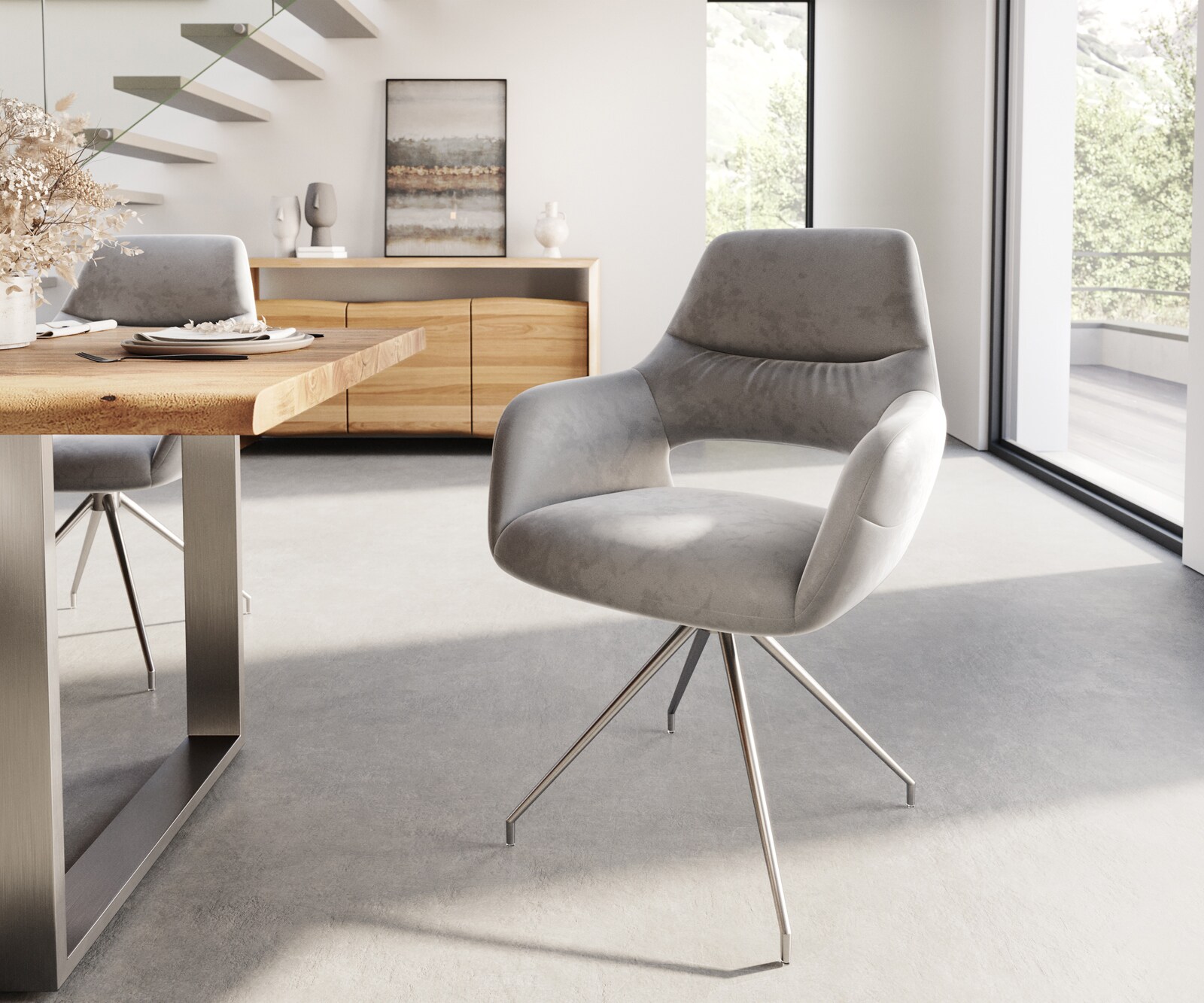 Chaise-de-salle-à-manger Yago-Flex avec accoudoirs velours gris pied croisé conique acier inoxydable brossé ressorts ensachés