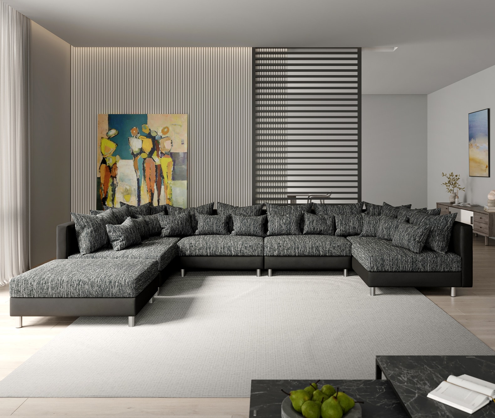 Canapé-Panoramique Clovis XL Canapé modulable noir avec tabouret  1 Canapé-Panoramique Clovis XL Canapé modulable noir avec tabouret  1