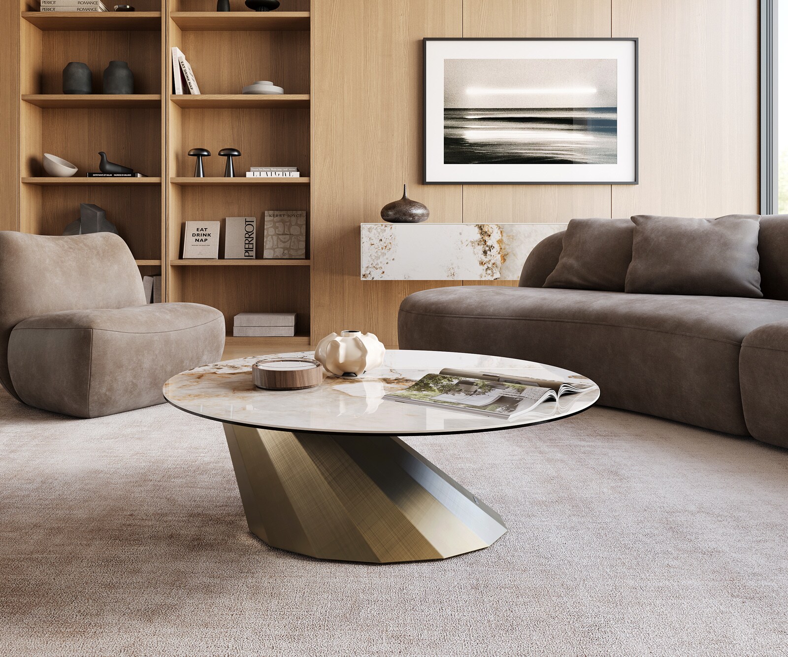 Table basse Edge rond 100x100 cm céramique Minas Melange Parabi doré métallique 2