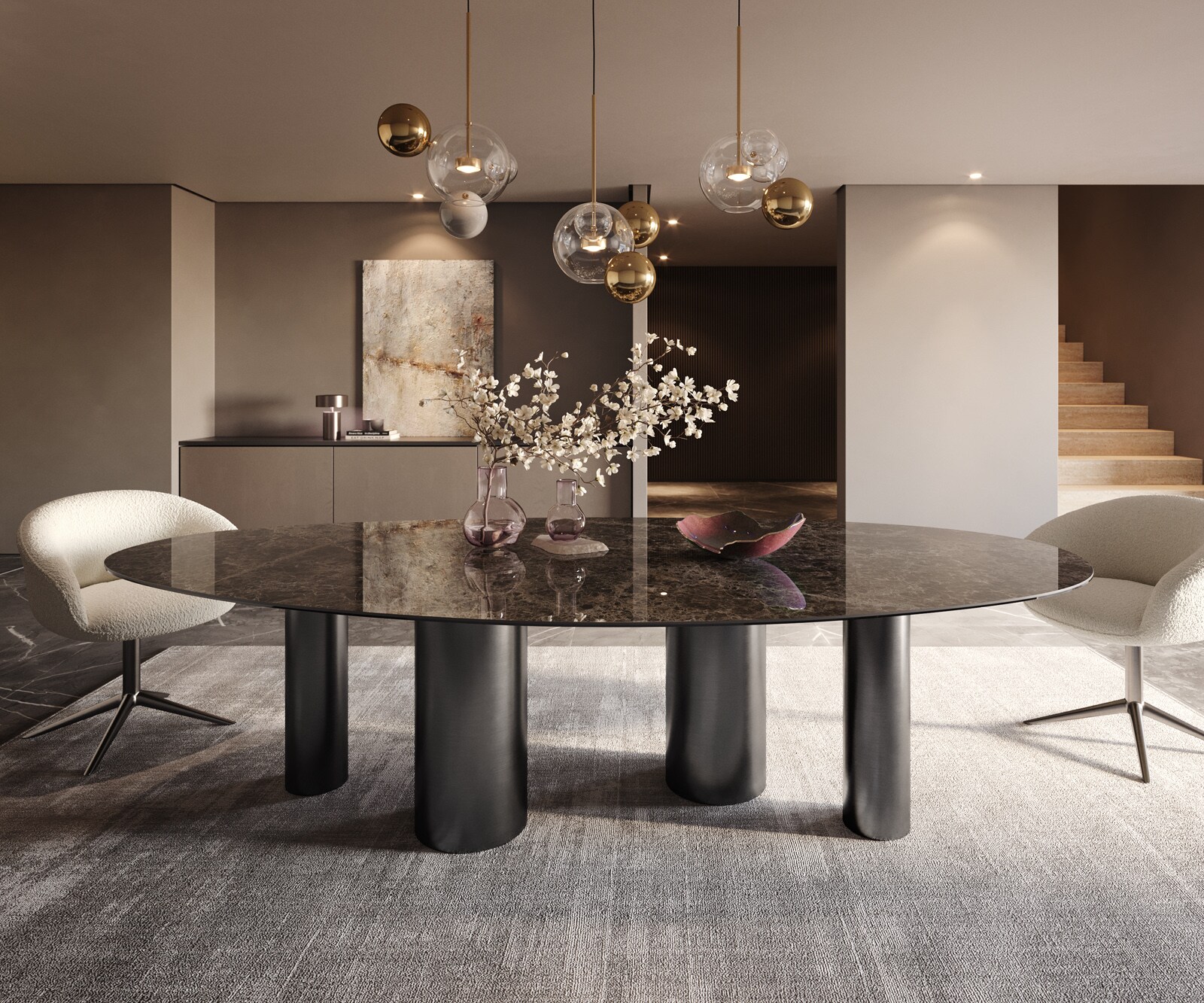 Table à manger Edge Ovale 280x130 Céramique Laminam®Emperador Extra Lucidato Marron foncé Pilier Acier inoxydable Graphite 2