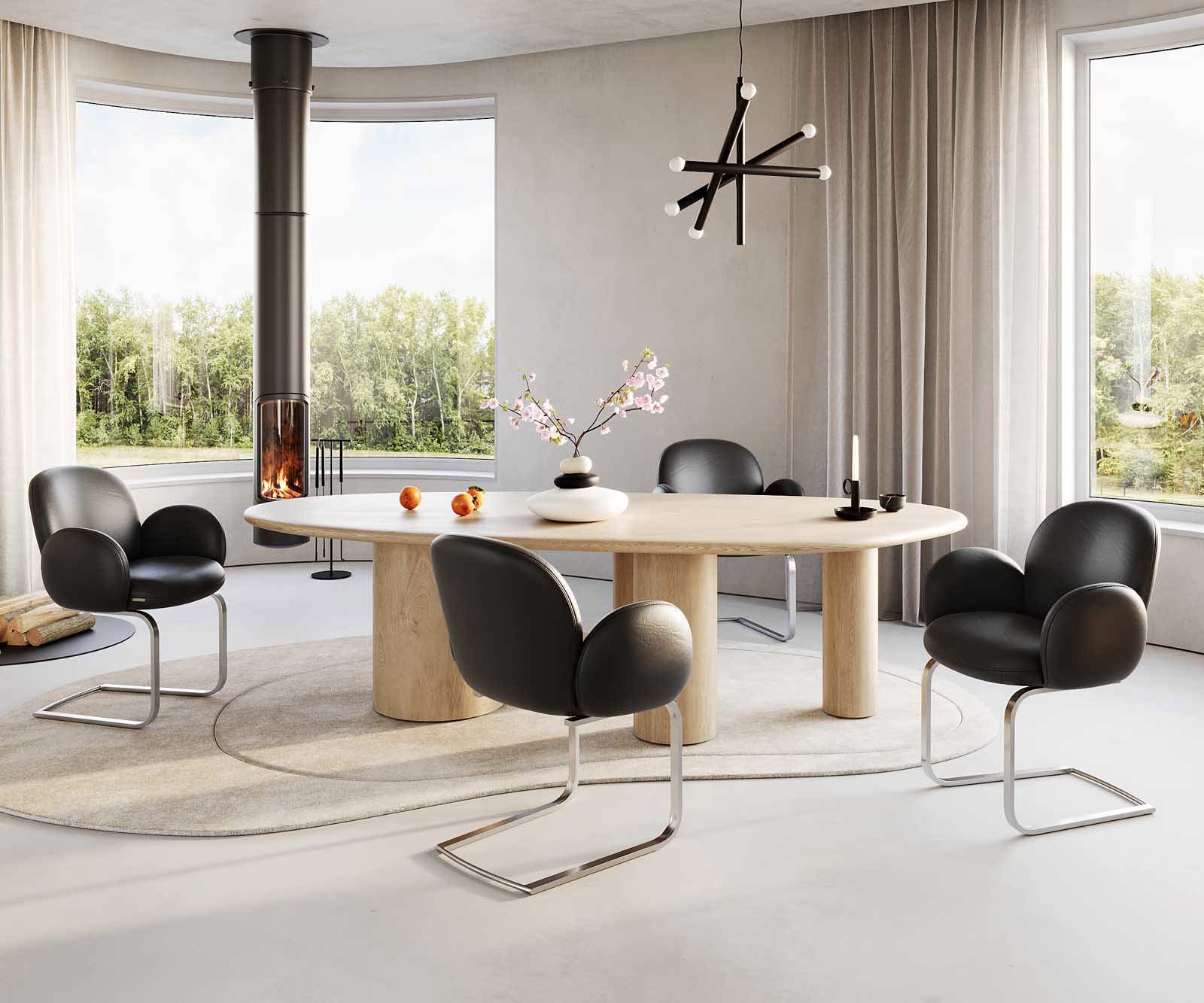 Cantilever Nube-Flex avec accoudoirs cuir de vache noir pied cantilever plat acier inoxydable brossé ressorts ensachés 5