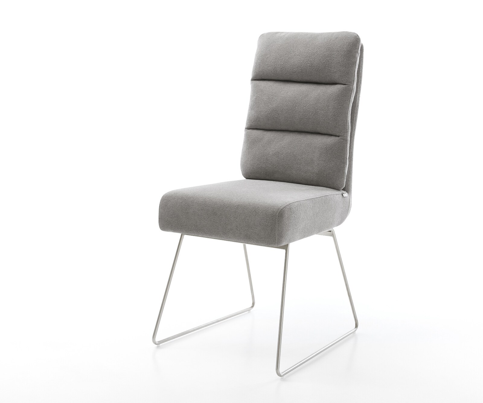 Chaise-de-salle-à-manger Pela-Flex tissu structuré doux gris pied trapèze acier inoxydable resorts ensachés 1