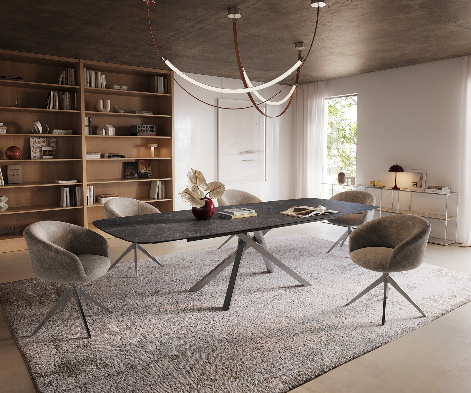 Table à manger Edge Boot 240-300x120 cm Céramique Laminam® Nero Greco Anthracite piètement en croix Rectangle Acier inoxydable extensible 7
