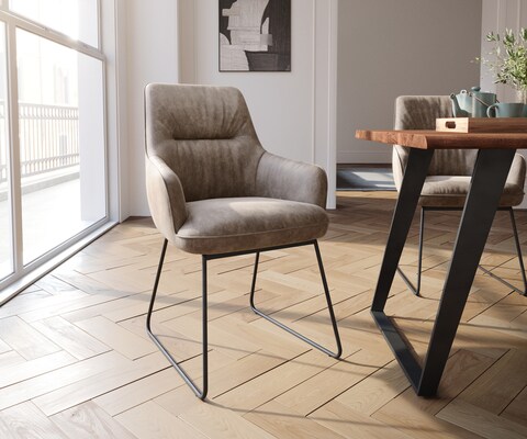 Chaise-de-salle-à-manger Zelia-Flex avec accoudoirs microvelours taupe vintage pied trapèze noir ressorts ensachés