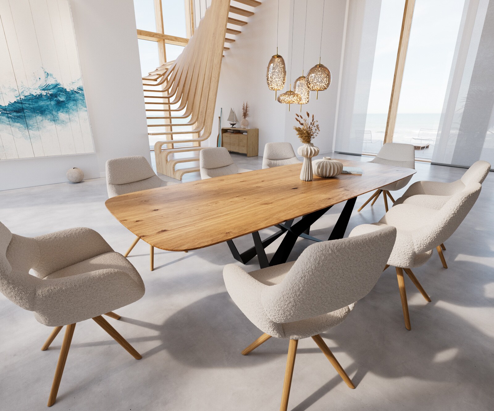 Table à manger Edge Boot 300x120x2,5-3 chêne nature Spider acier plat noir bord suisse 5