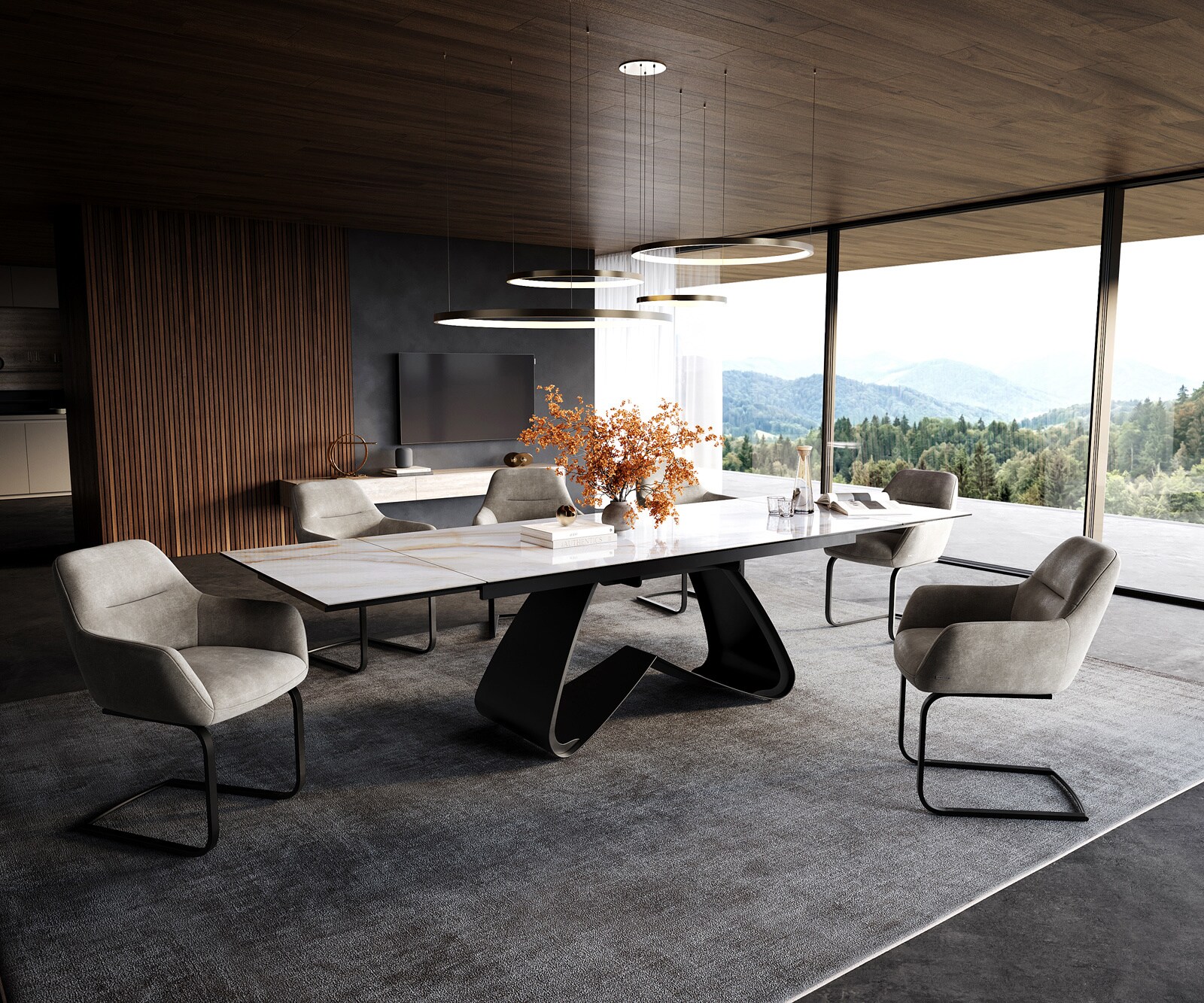 Table à manger extensible Edge 200-300x100 cm céramique Onyx Pearl piètement en W métal noir 6