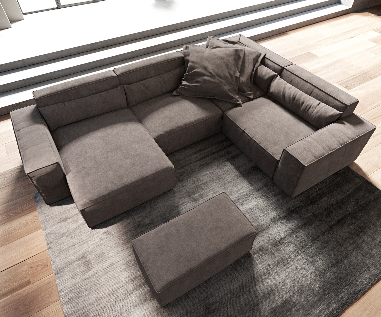 Canapé panoramique Sirpio 300x210 cm Microfibre Marron Kaki Recamiere variable avec Tabouret 3