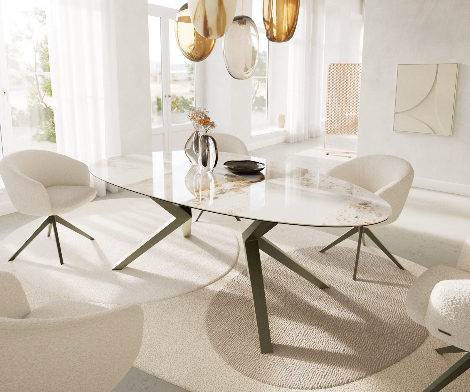 Table à manger Edge Ovale 220x120 Céramique Minas Melange Blanc-Beige Zenthara anguleux Métal finition à effet Titane