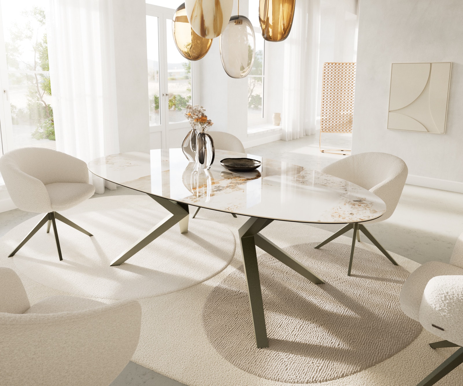 Table à manger Edge Ovale 220x120 Céramique Minas Melange Blanc-Beige Zenthara anguleux Métal finition à effet Titane 1