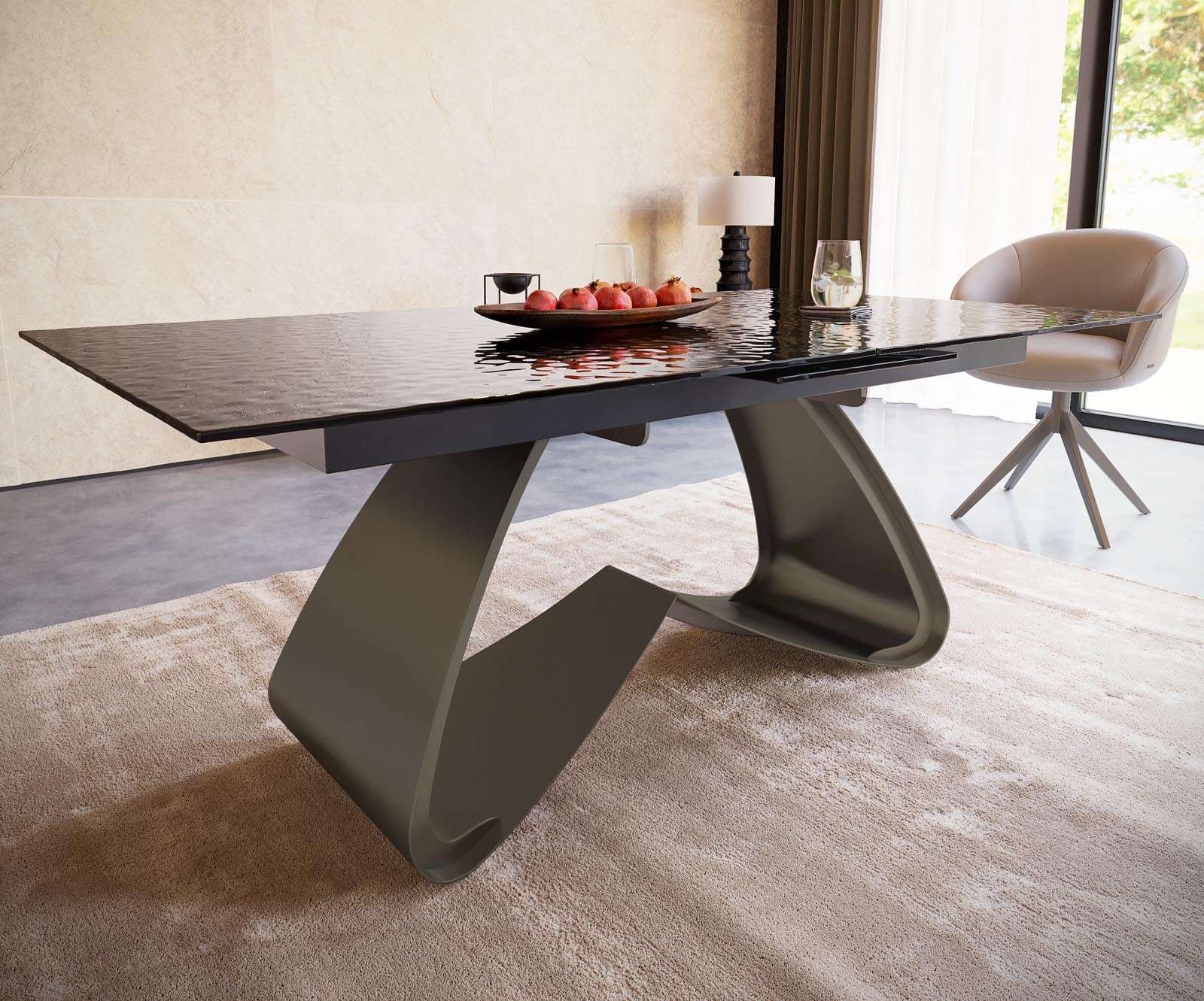 Table à manger Edge 180-220x100 verre fondu noir fumé relief en 3D cadre en W Effektfinish Titan extensible 4 Table à manger Edge 180-220x100 verre fondu noir fumé relief en 3D cadre en W Effektfinish Titan extensible 4