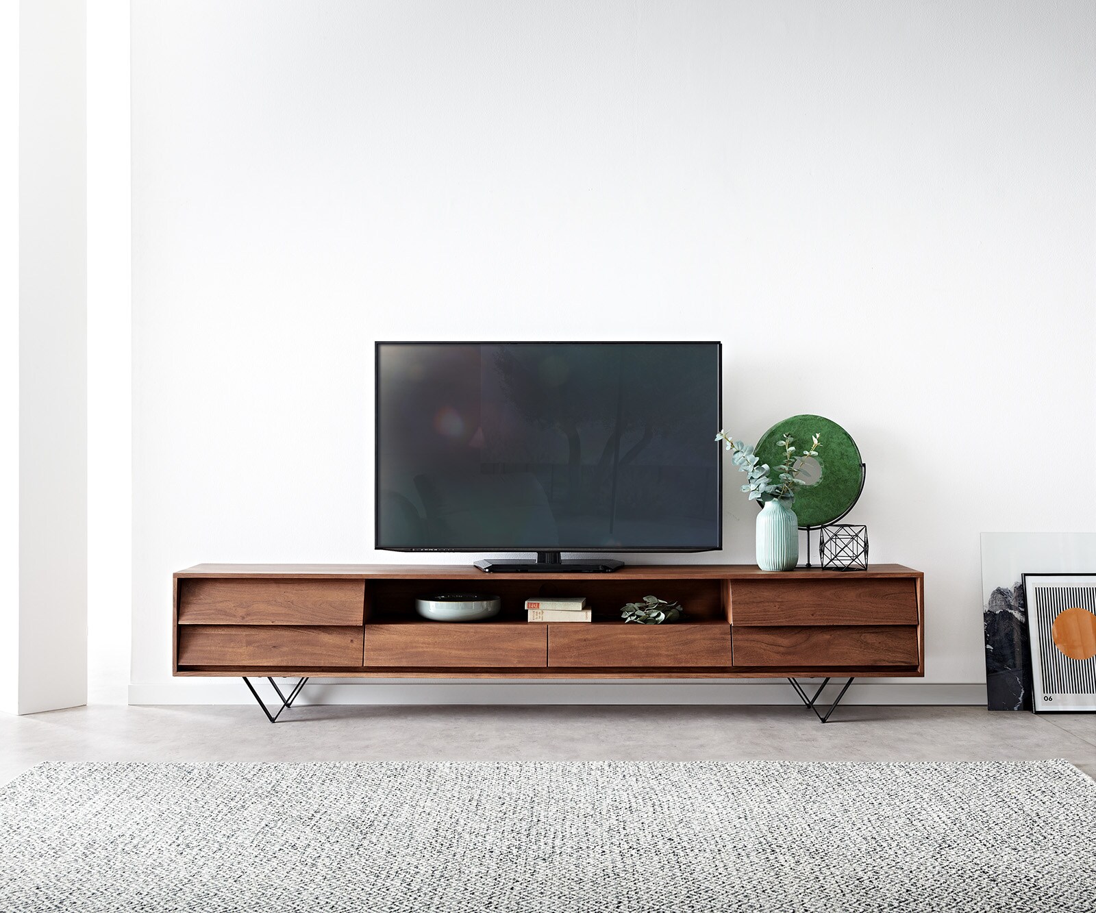 Meuble-TV  Eloi 240x35 cm acacia brun 2 portes 2 tiroirs pied en V noir 1