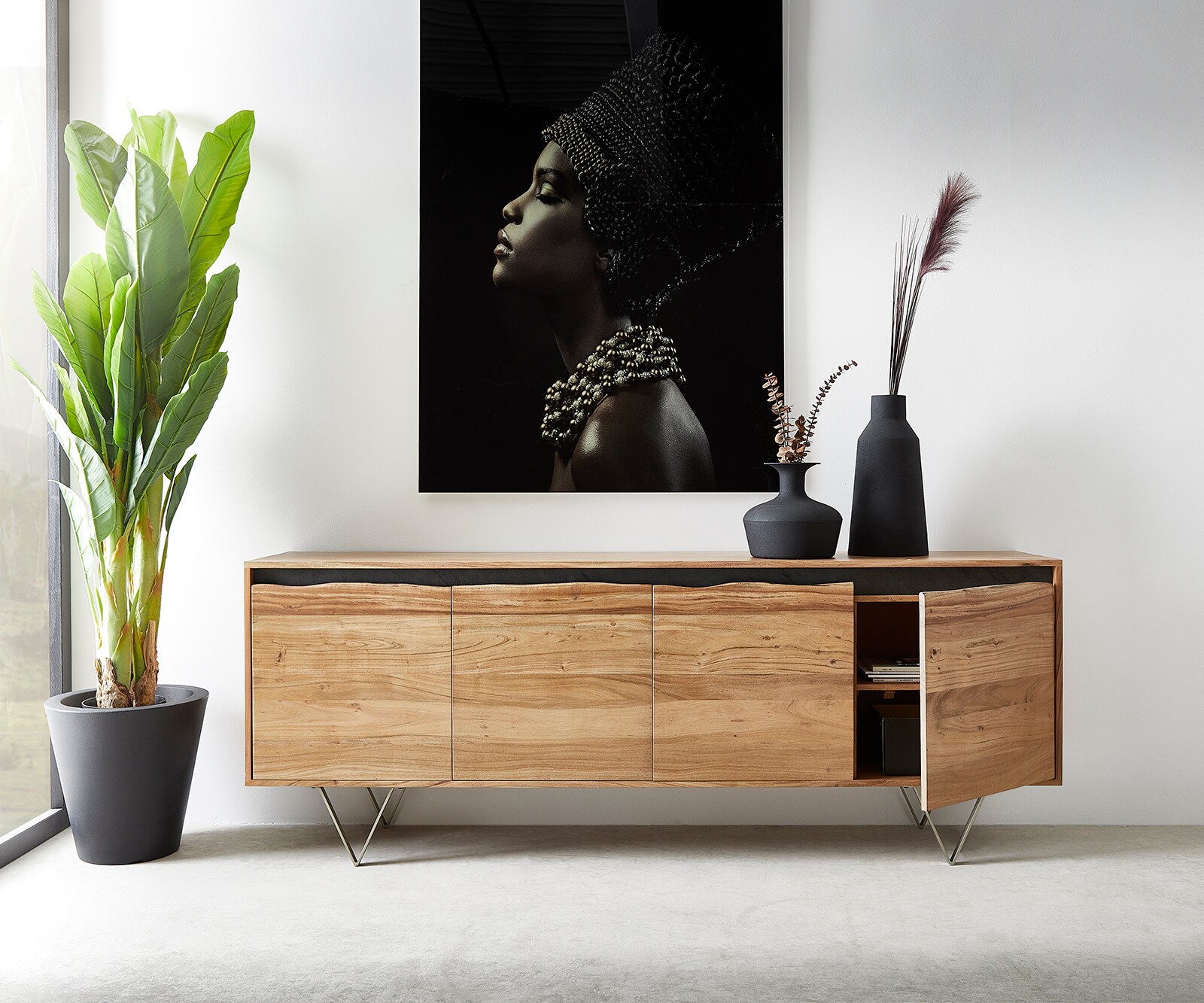 Commode Stonegrace 200x45 cm acacia nature 4 portes tronc d'arbre 4
