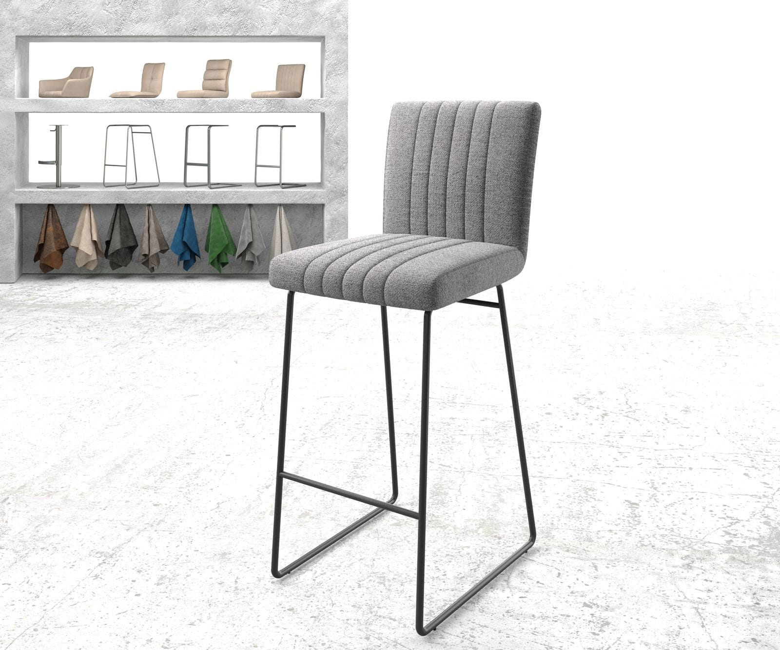 Chaise-de-bar Luiga-Flex tissu texturé gris clair cadre de patins métal Chaise-de-bar Luiga-Flex tissu texturé gris clair cadre de patins métal