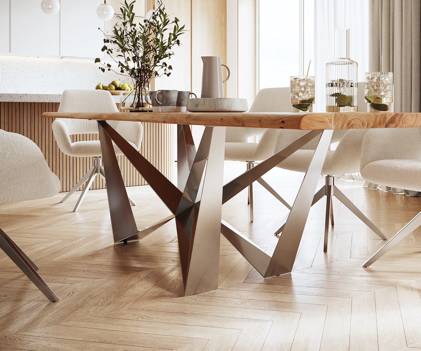 Table à manger Edge 300x100 acacia nature Spider acier plat acier inoxydable Live-Edge 4