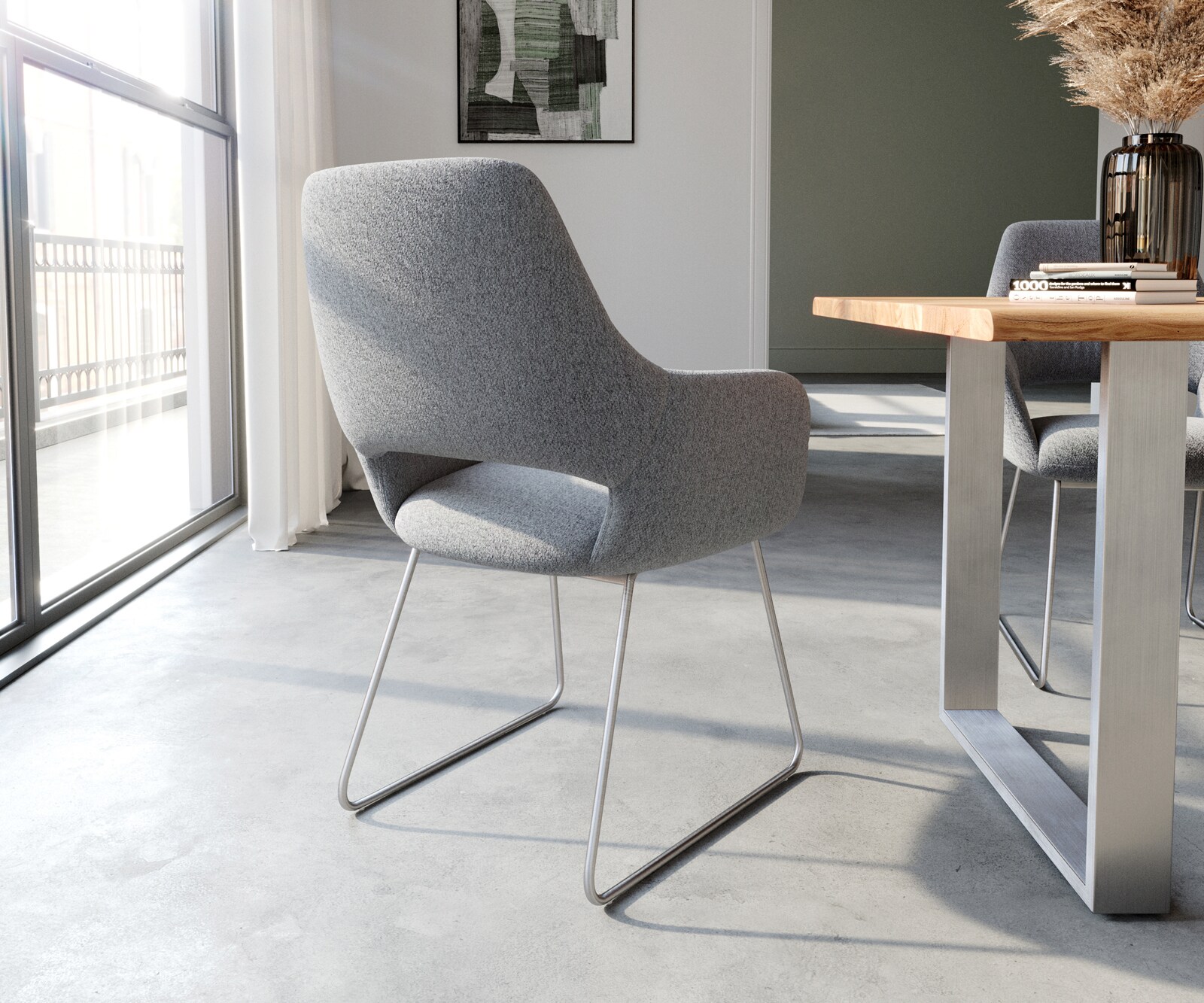 Chaise-de-salle-à-manger Yago-Flex avec accoudoirs tissu texturé gris clair pied trapèze acier inoxydable brossé ressorts ensachés 4 Chaise-de-salle-à-manger Yago-Flex avec accoudoirs tissu texturé gris clair pied trapèze acier inoxydable brossé ressorts ensachés 4