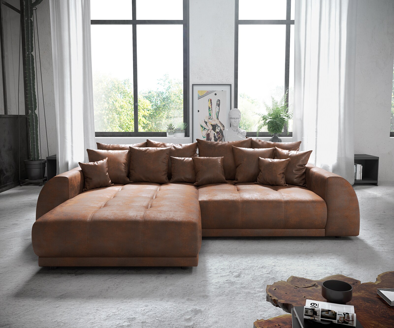 Canapé-d'angle Violetta 300 x 220 cm similicuir marron Recamière variable 1