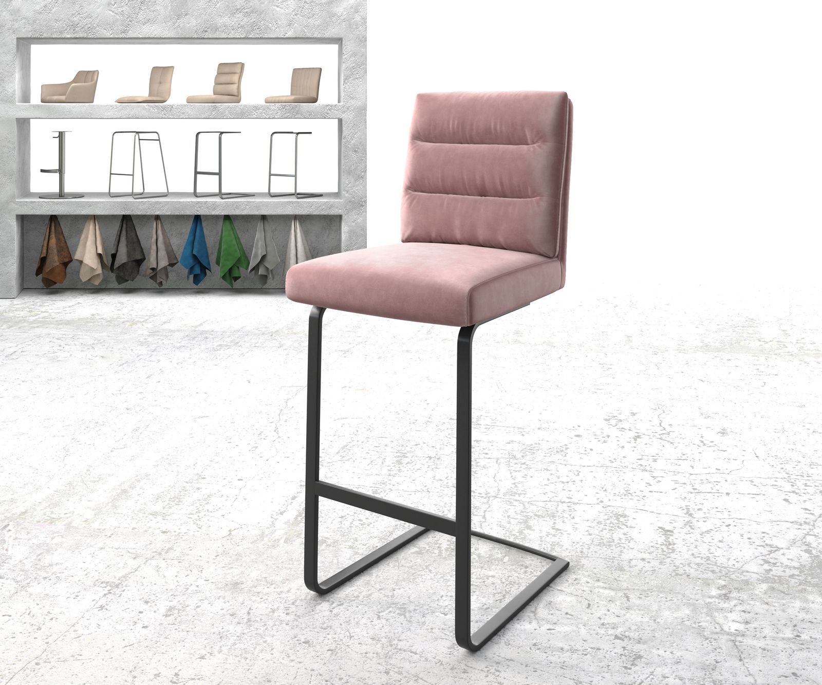 Chaise-de-bar Pela-Flex velours rosé chaise cantilever métal plat 1