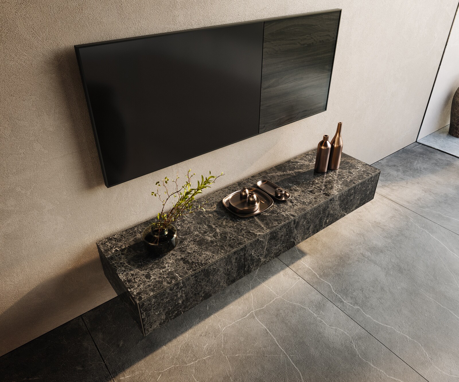Meuble-TV Cuor 150 cm Céramique Emperador Extra Lucidato brun foncé 1 Clapet 1 Tiroir Flottant 3