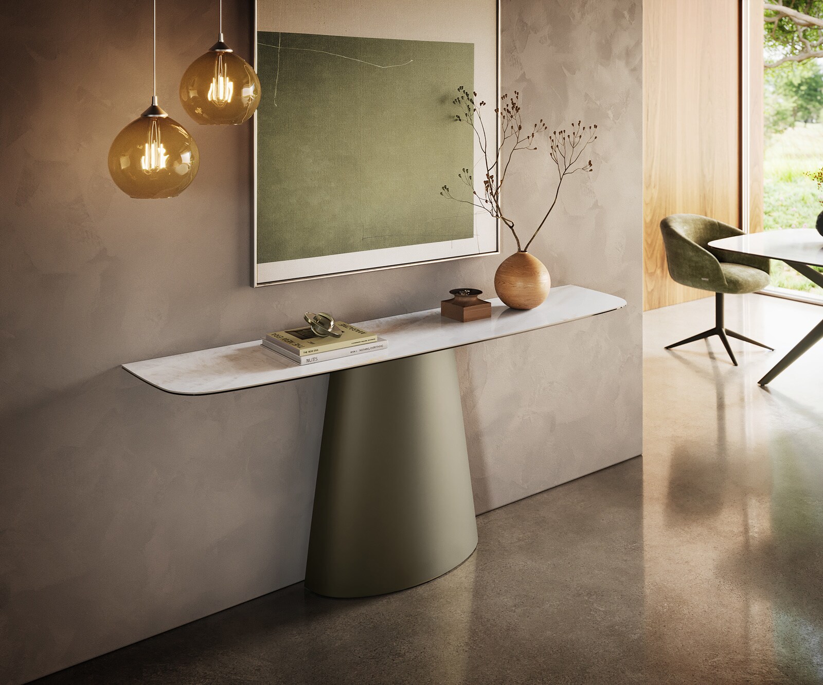 Console Edge forme bateau 180x40 cm Céramique Onyx Pearl Conos Métal Effektfinish Titan 1