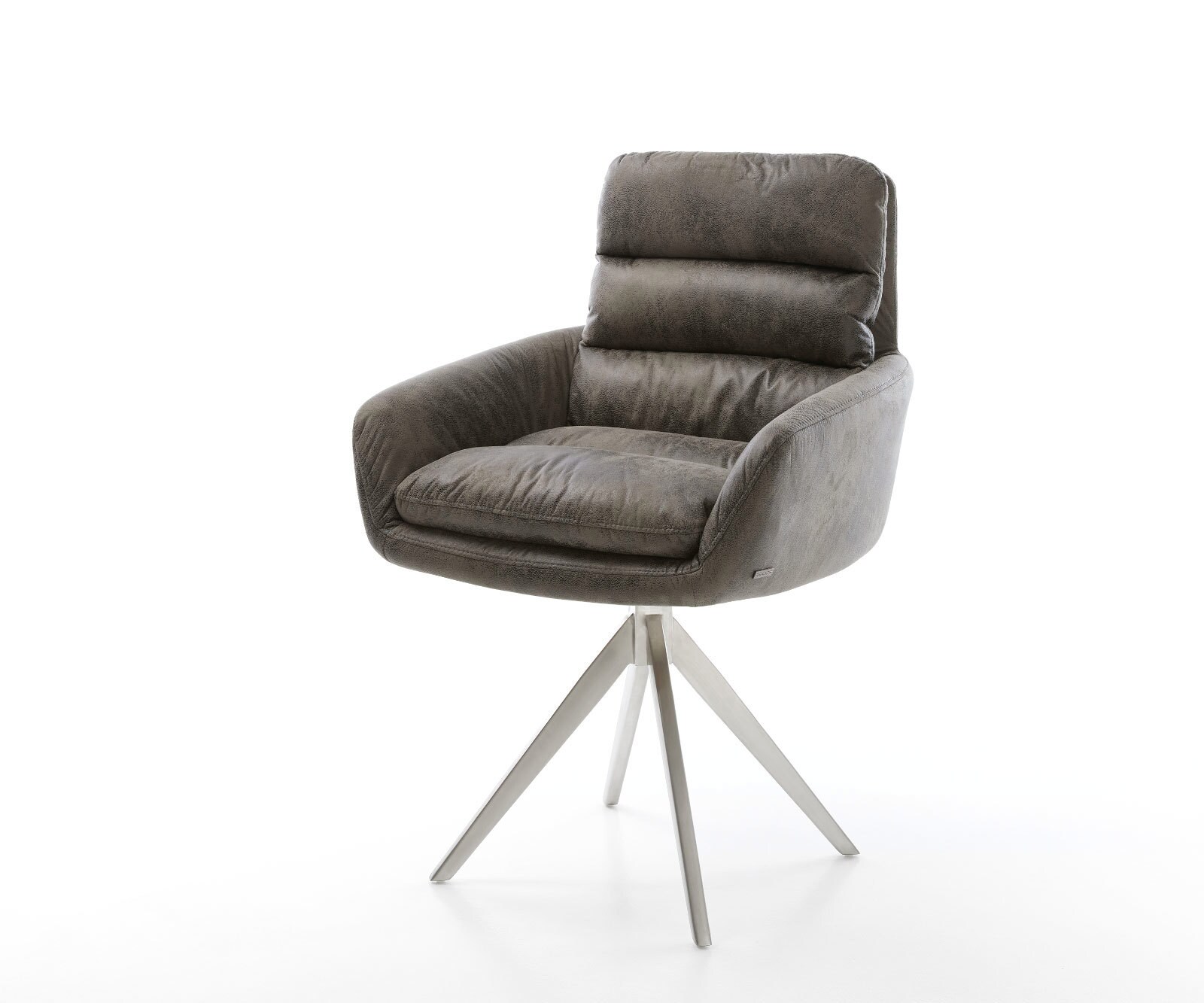 Chaise-de-salle-à-manger Abelia-Flex avec accoudoirs microvelours gris antique pied croisé angulaire acier inoxydable brossé