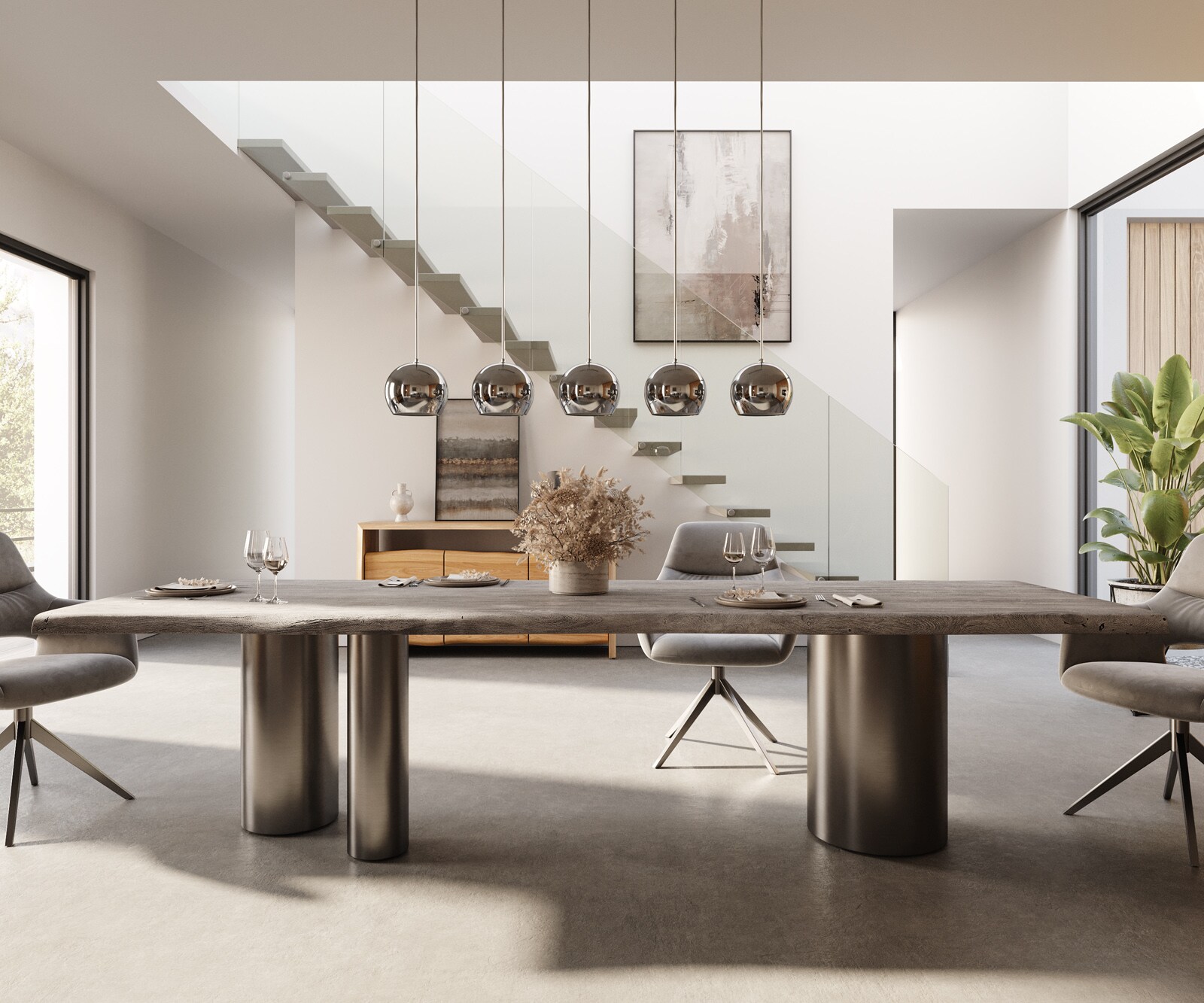 Table à manger Edge 300x100 XL Acacia Platine Troa Acier inoxydable Graphite Live-Edge 1