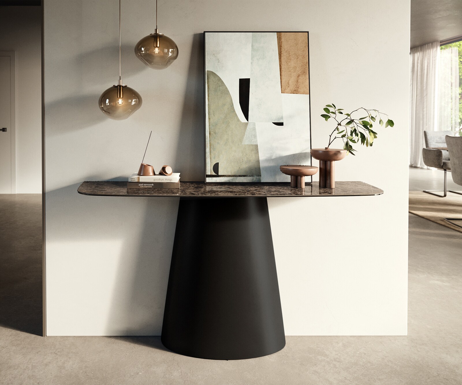 Console Edge forme bateau 140x40 cm Céramique Emperador Extra Lucidato Dunkelbraun Conos Métal Noir