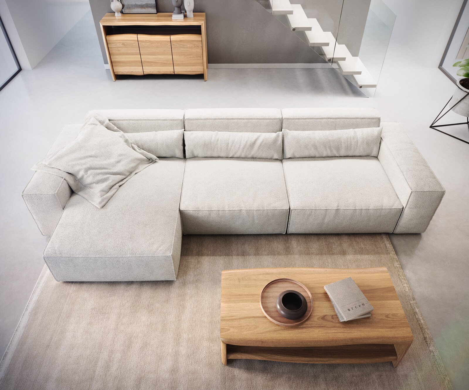 Canapé d'angle Sirpio L 350x160 cm Bouclee Crème-blanc Recamiere variable 6