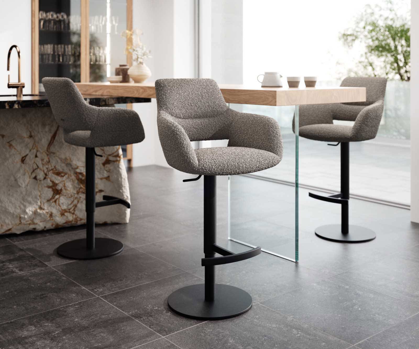 Chaise-de-bar Yago-Flex Bouclé gris argenté Pied pivotant réglable en hauteur Métal noir pivotant Ressorts ensachés 1