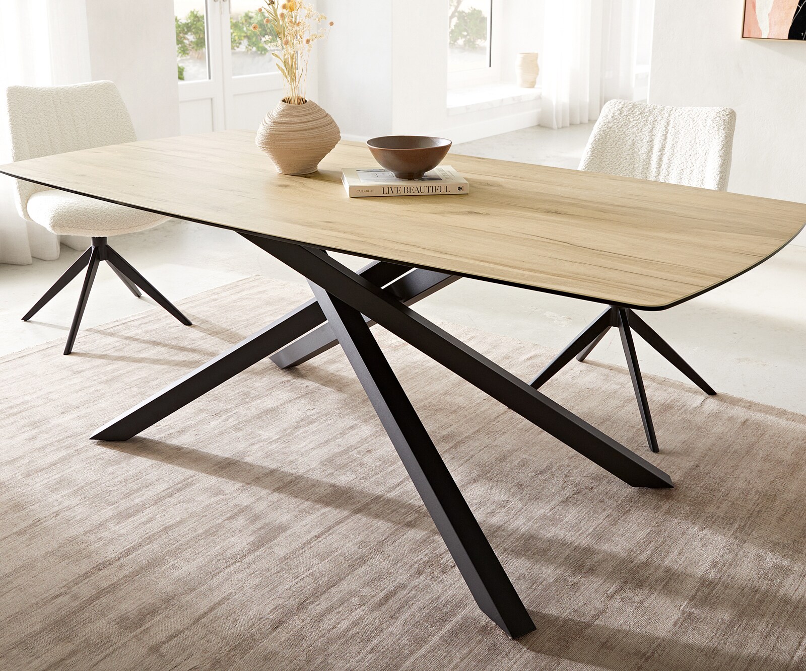 Table à manger Edge en forme de bateau 200x100 céramique Laminam® Sabbia couleur chêne cadre croisé rectangulaire noir 5