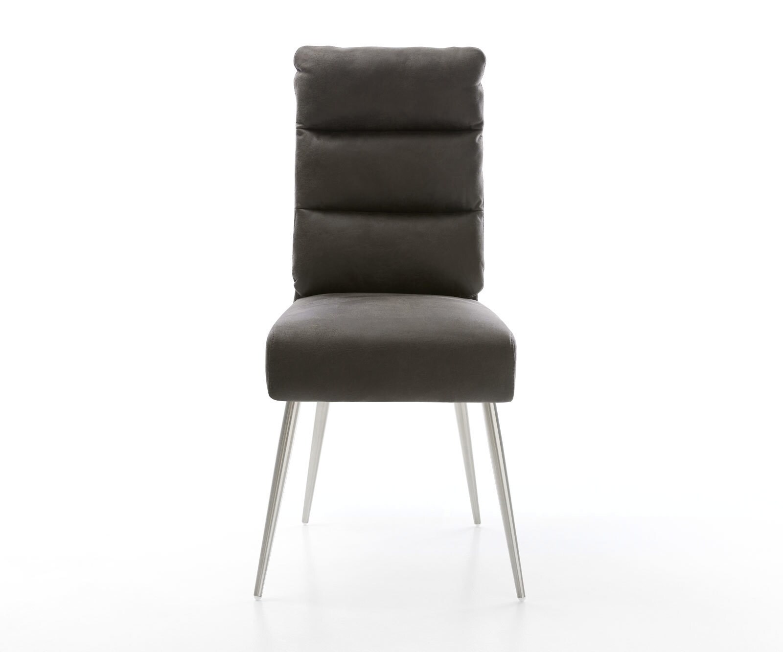 Chaise-de-salle-à-manger Pela-Flex microvelours anthracite vintage 4 pieds coniques acier inoxydable brossé ressorts ensachés 1 Chaise-de-salle-à-manger Pela-Flex microvelours anthracite vintage 4 pieds coniques acier inoxydable brossé ressorts ensachés 1