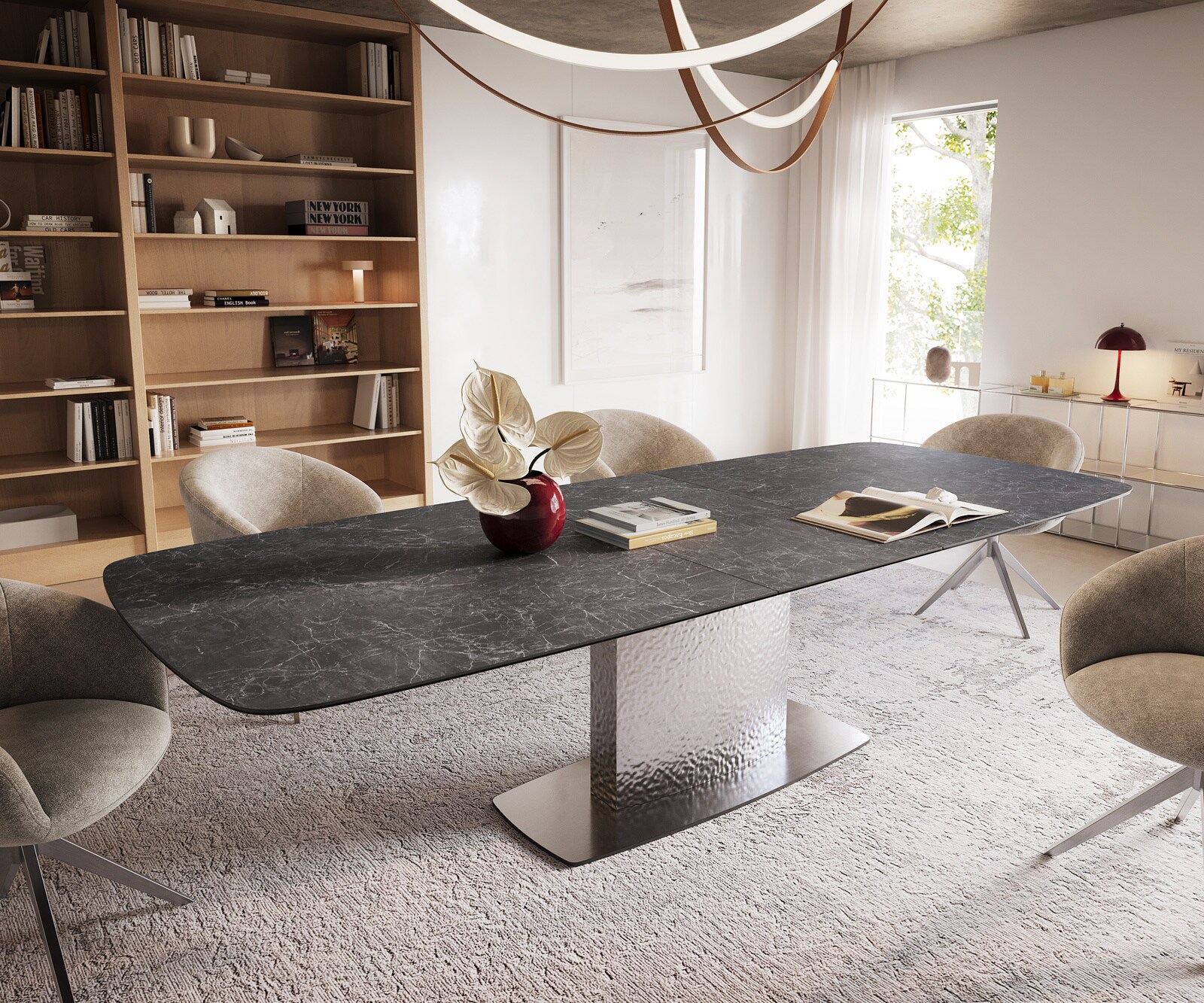 Table à manger Edge Boot 240-300x120 cm Céramique Laminam® Nero Greco Anthracite Wave Acier inoxydable extensible