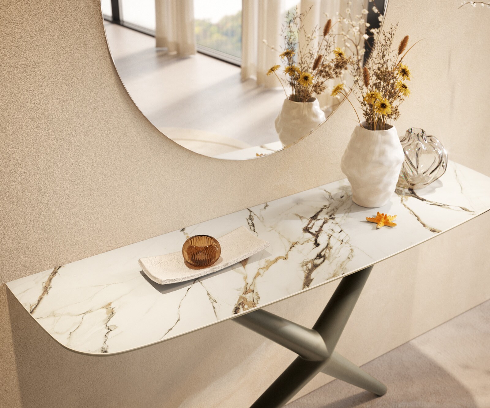 Console Edge forme bateau 140x40 cm Céramique Calacatta Luxe Weiß-Gold-Gris Estelo Métal Effektfinish Titan 6