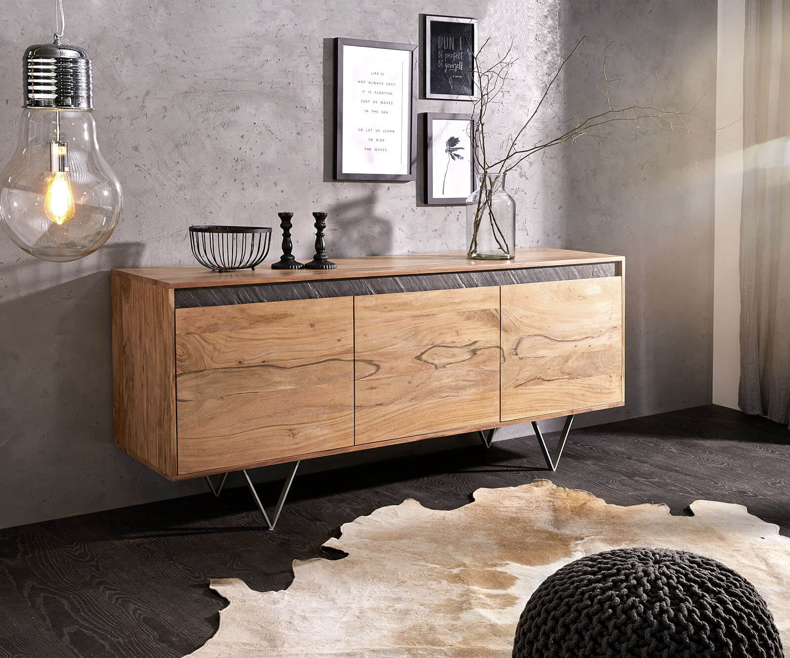 Buffet-design Stonegrace 175 cm acacia nature 3 portes